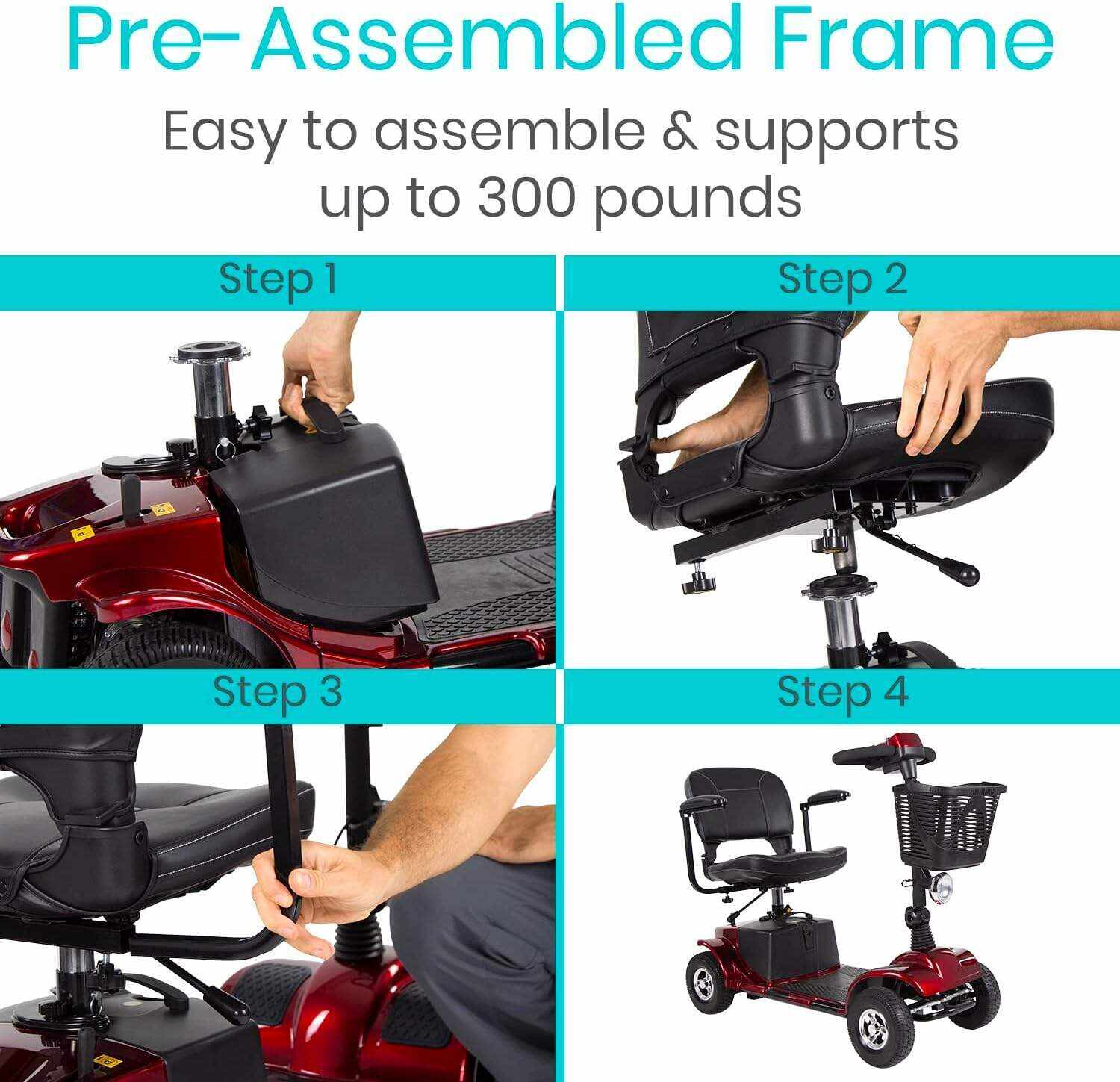 Vive Mobility Scooter (Series A) - 4 Wheel Electric Powered Wheelchair Mobile Device for Adults, Seniors - TSA Approved Wheel Chair, Compact, Travel - Long Range Battery, Shock Absorbing (Ruby Red)