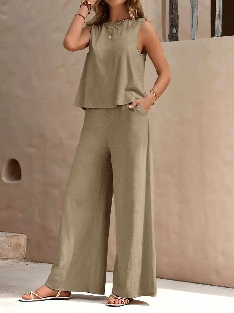 🔥Summer Arrivals🌟Women's Casual Crew Neck Top And Wide-leg Pants Set