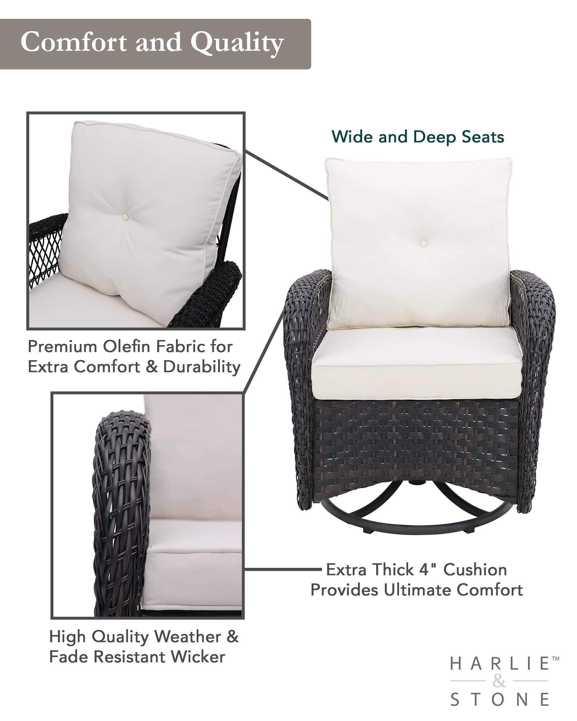 Swivel Rocker Patio Chairs Set of 2 and Matching Side Table - 3 Piece Wicker Patio Bistro Set with Premium Fabric Cushions Furniture (Dark Wicker Chair Beige Cushion)