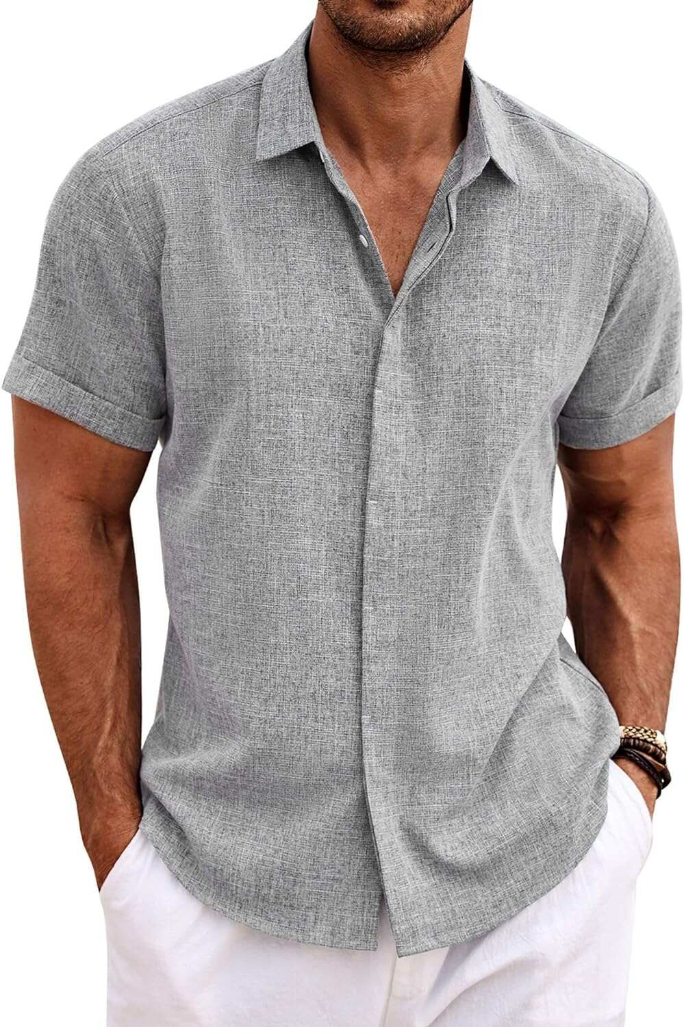 Men's Linen Shirts Short Sleeve Casual Shirts Button Down Shirt for Men Beach Summer Wedding Shirt