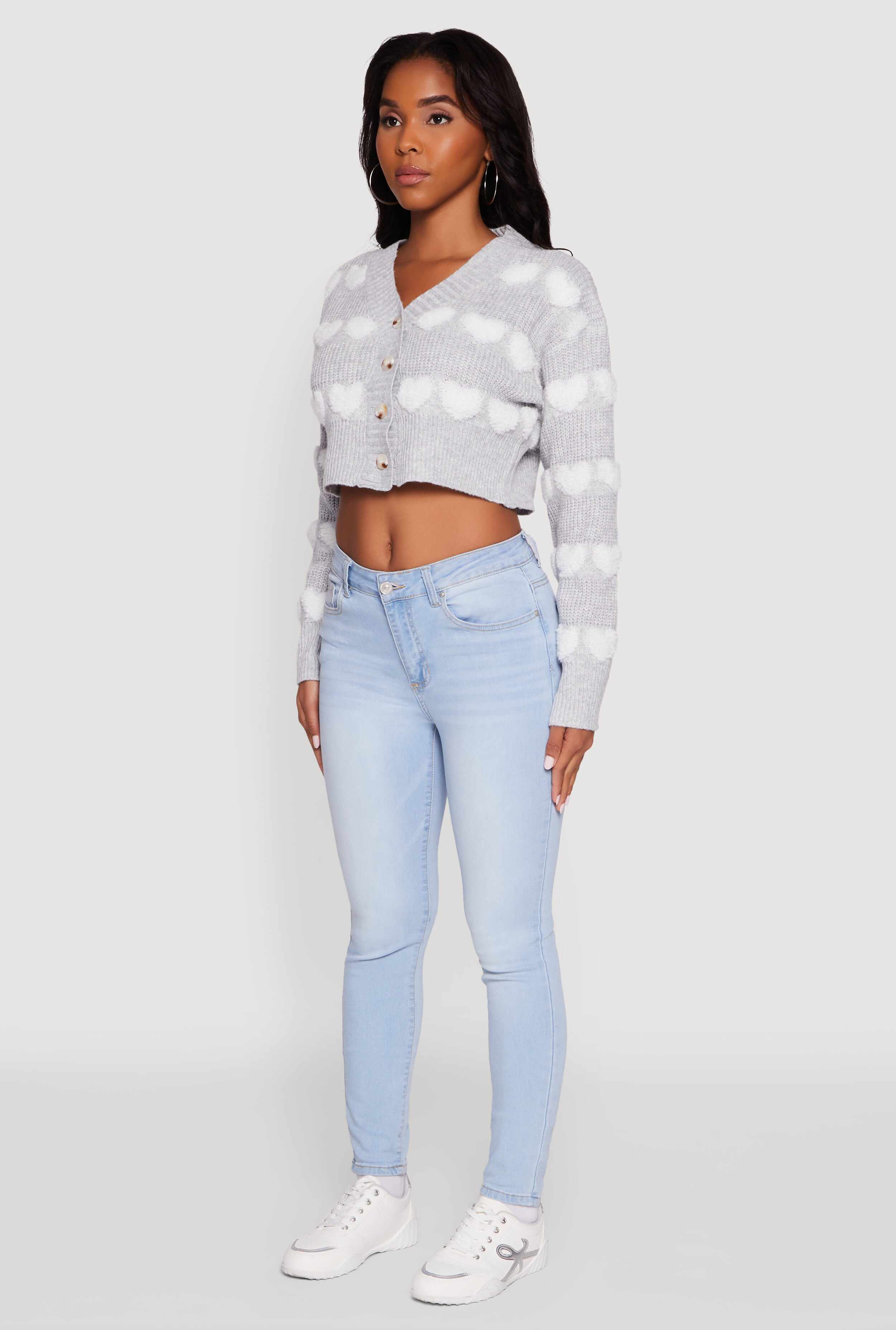Chenille Heart Patterned Brushed Knit Cropped Cardigan