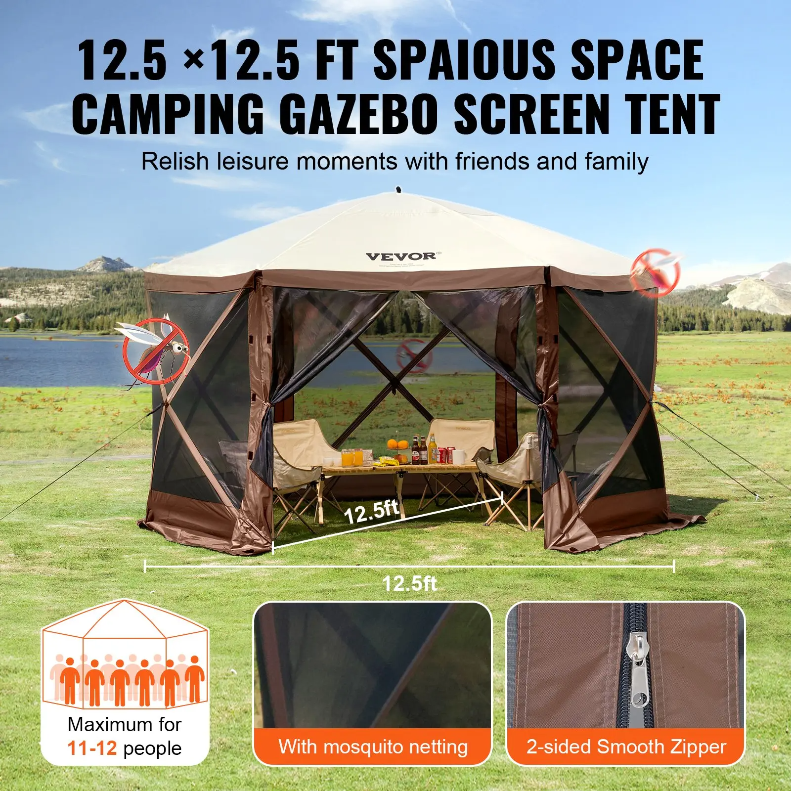Camping Gazebo Screen Tent, 12*12ft, 6 Sided Pop-up Canopy Shelter Tent with Mesh Windows, Portable Carry Bag, Stakes, Large Shade Tents for Outdoor Camping, Lawn and Backyard, Brown/Beige
