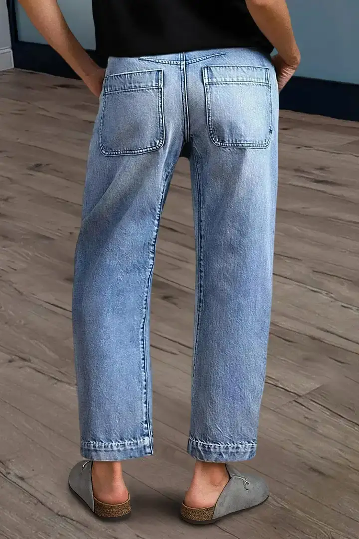 🔥Summer Arrivals🌟Wash Stitch Detail Mid Rise Barrel Leg Crop Jeans Without Belt