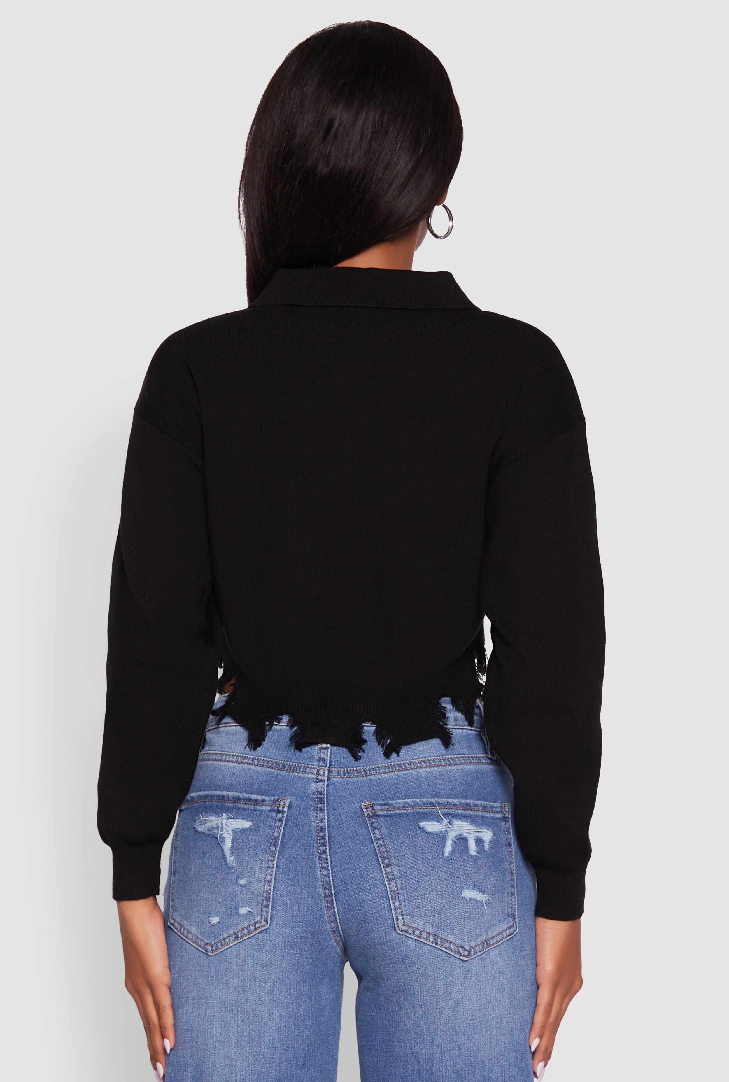 Frayed High Low Hem Cropped Long Sleeve Sweater