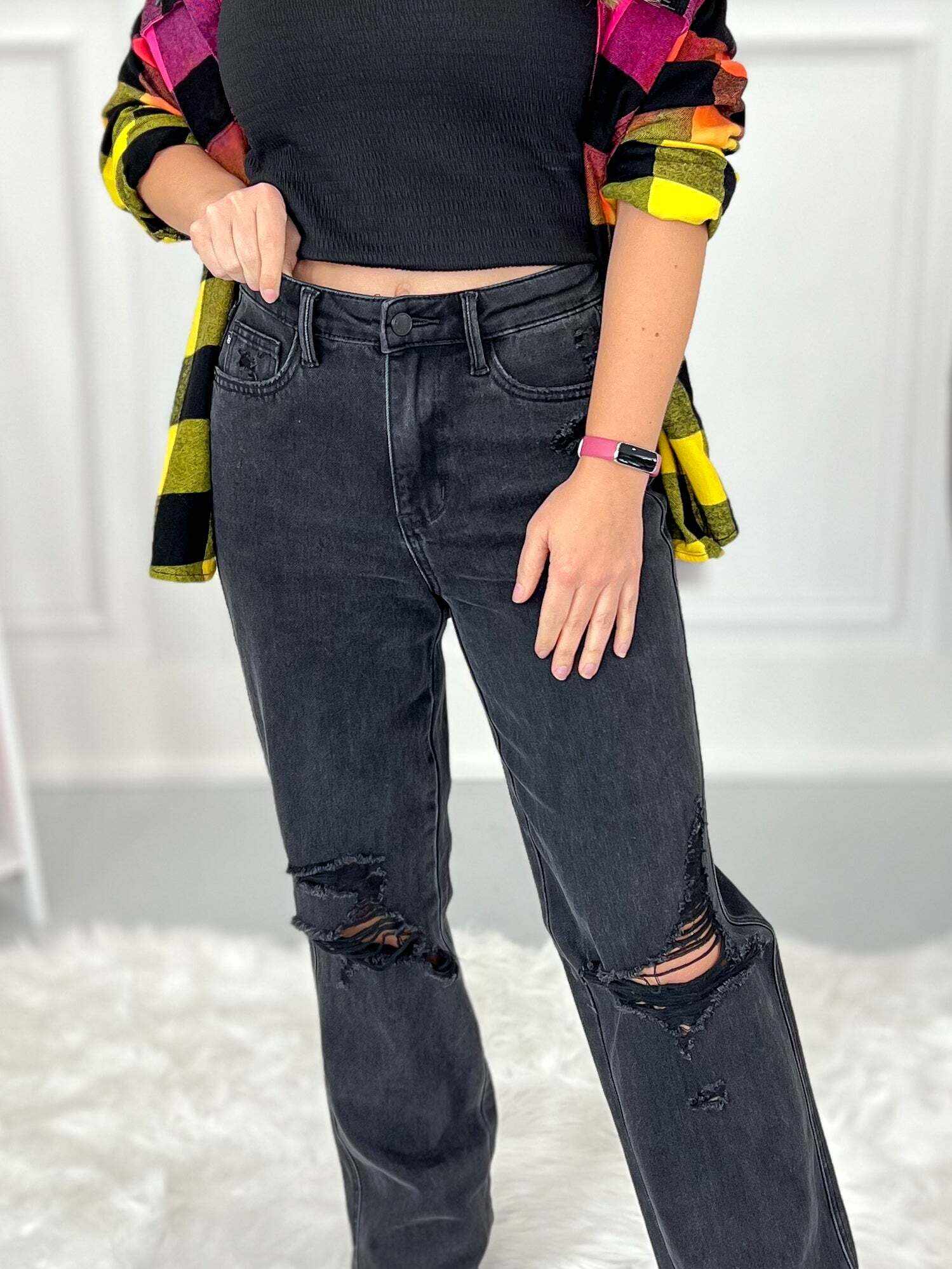 Christmas Rigid Magic 90's Knee Destroy Straight Jeans - Black- Final Sale