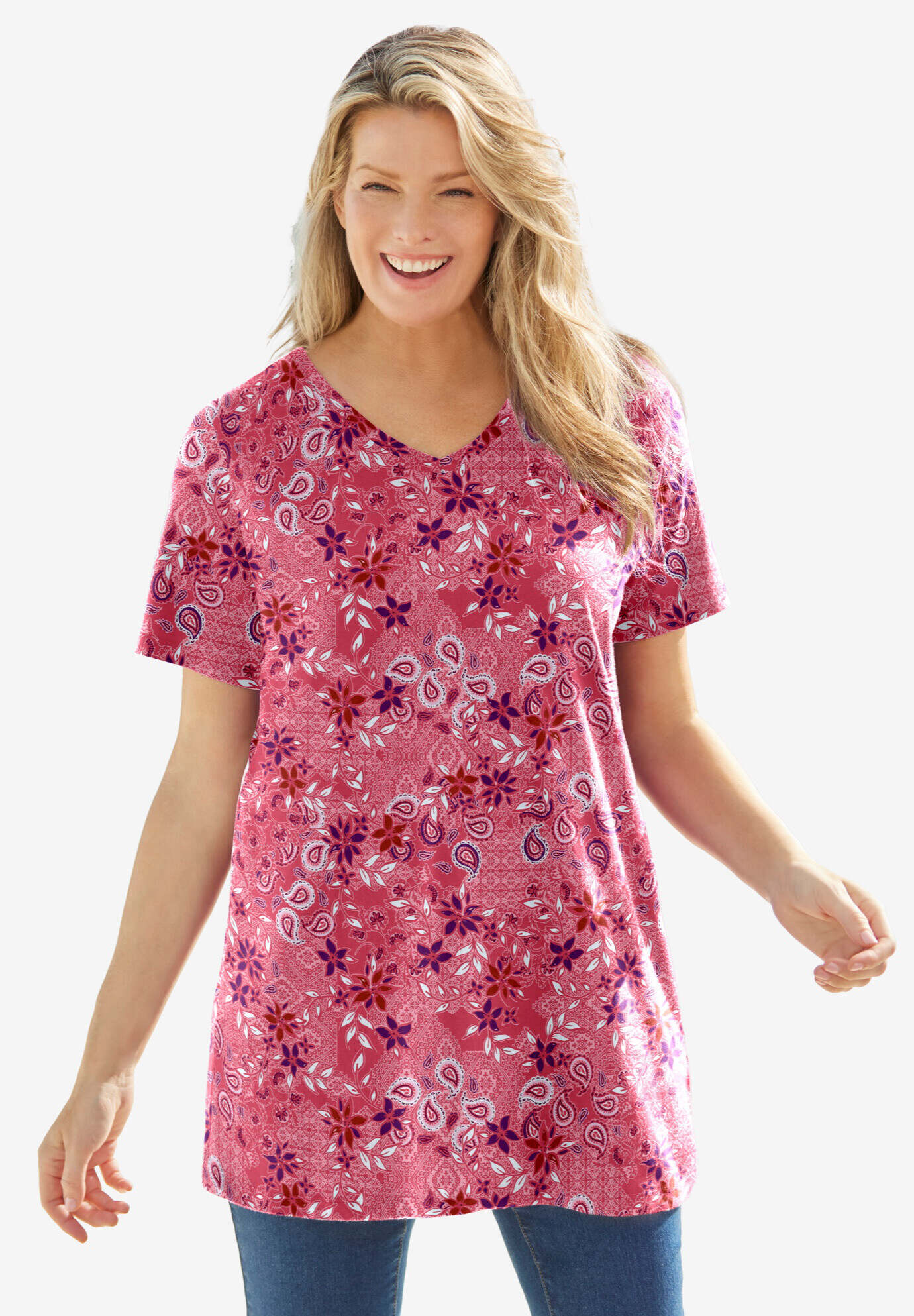 Perfect Printed Short-Sleeve V-Neck Tunic