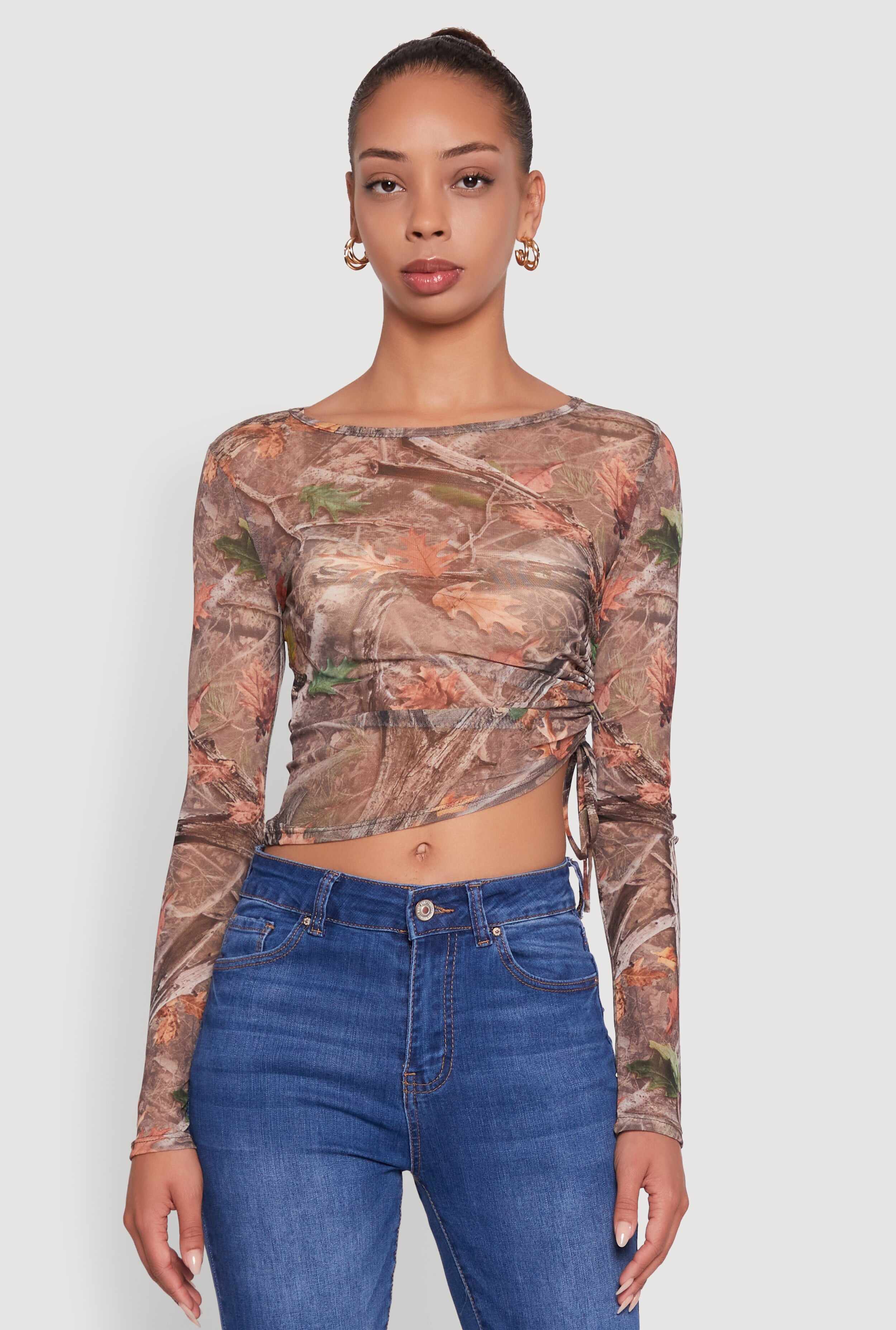 Mesh Forest Camo Ruched Side Long Sleeve Crop Top