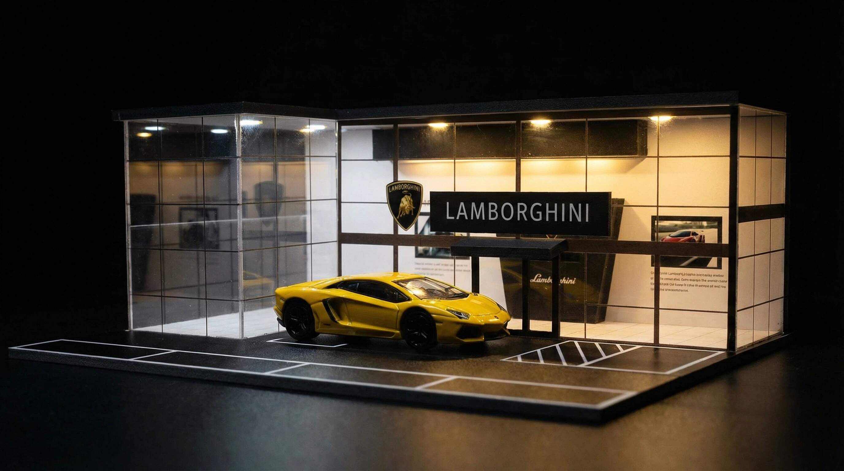 1:64 Scale Supercar Showroom Diorama Display Case – Modern Dealership Scene for Diecast Cars