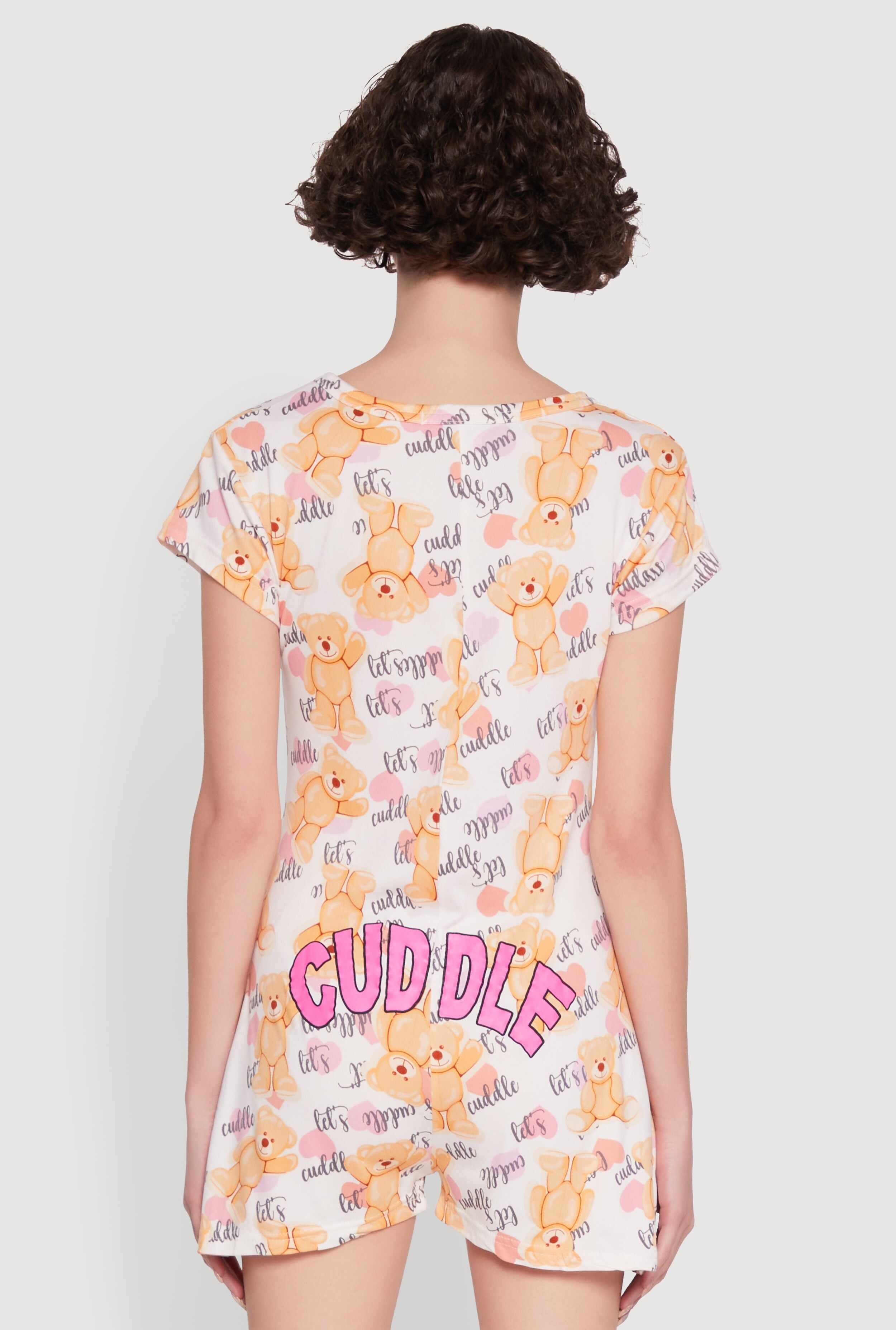 Cute Cuddle Bear Graphic Button Front Pajama Romper