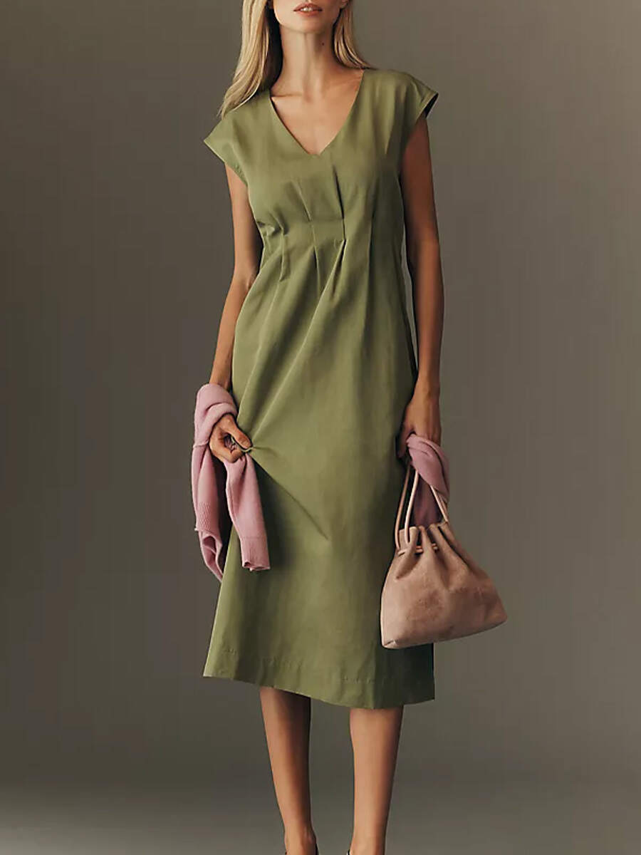 🔥Summer Arrivals🌟Women's Solid Color V-neck Sleeveless Casual Loose Cotton Linen Dress