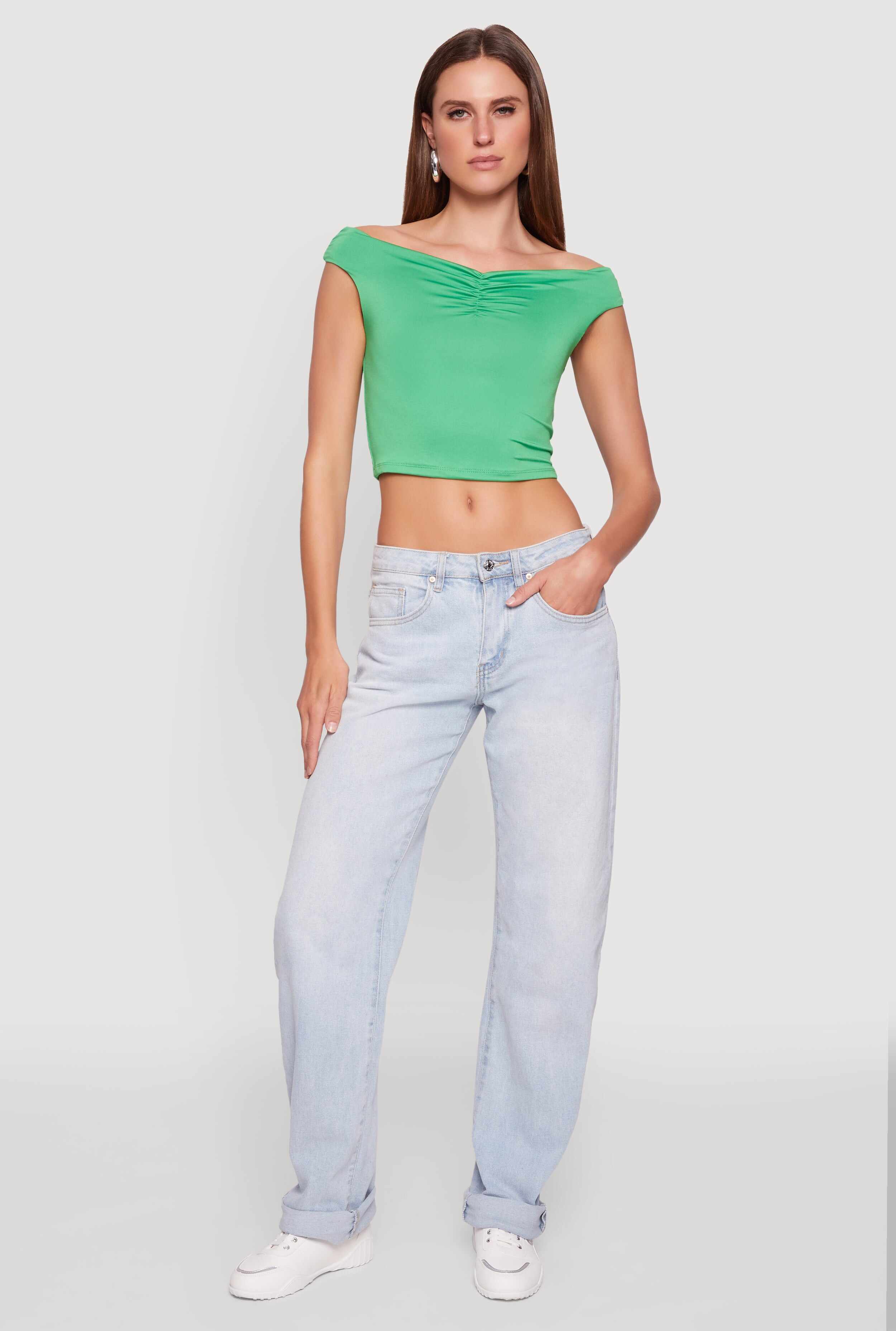 Solid Ruched Off Shoulder Crop Top