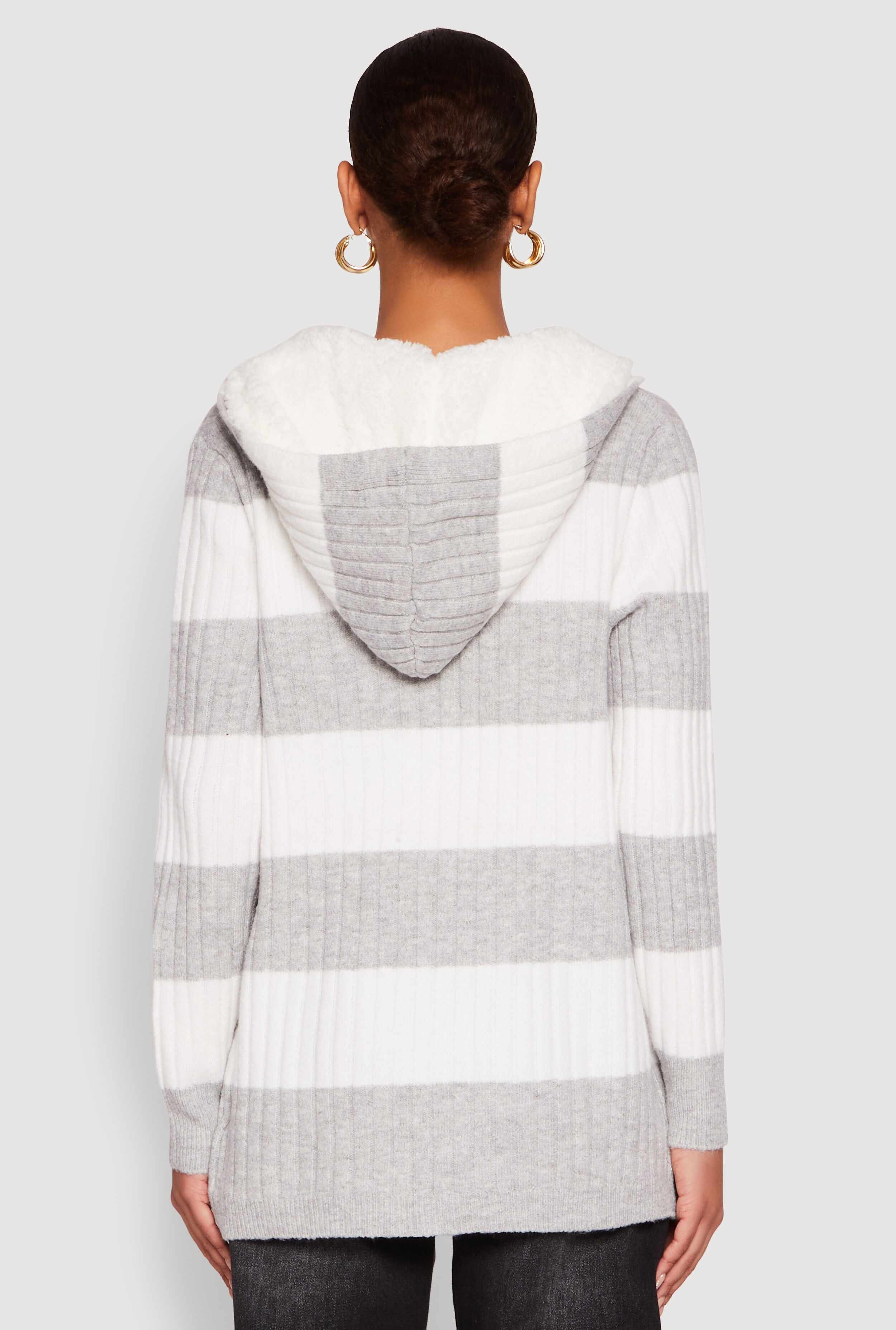 Madden Girl Striped Sherpa Lined Hooded Cardigan