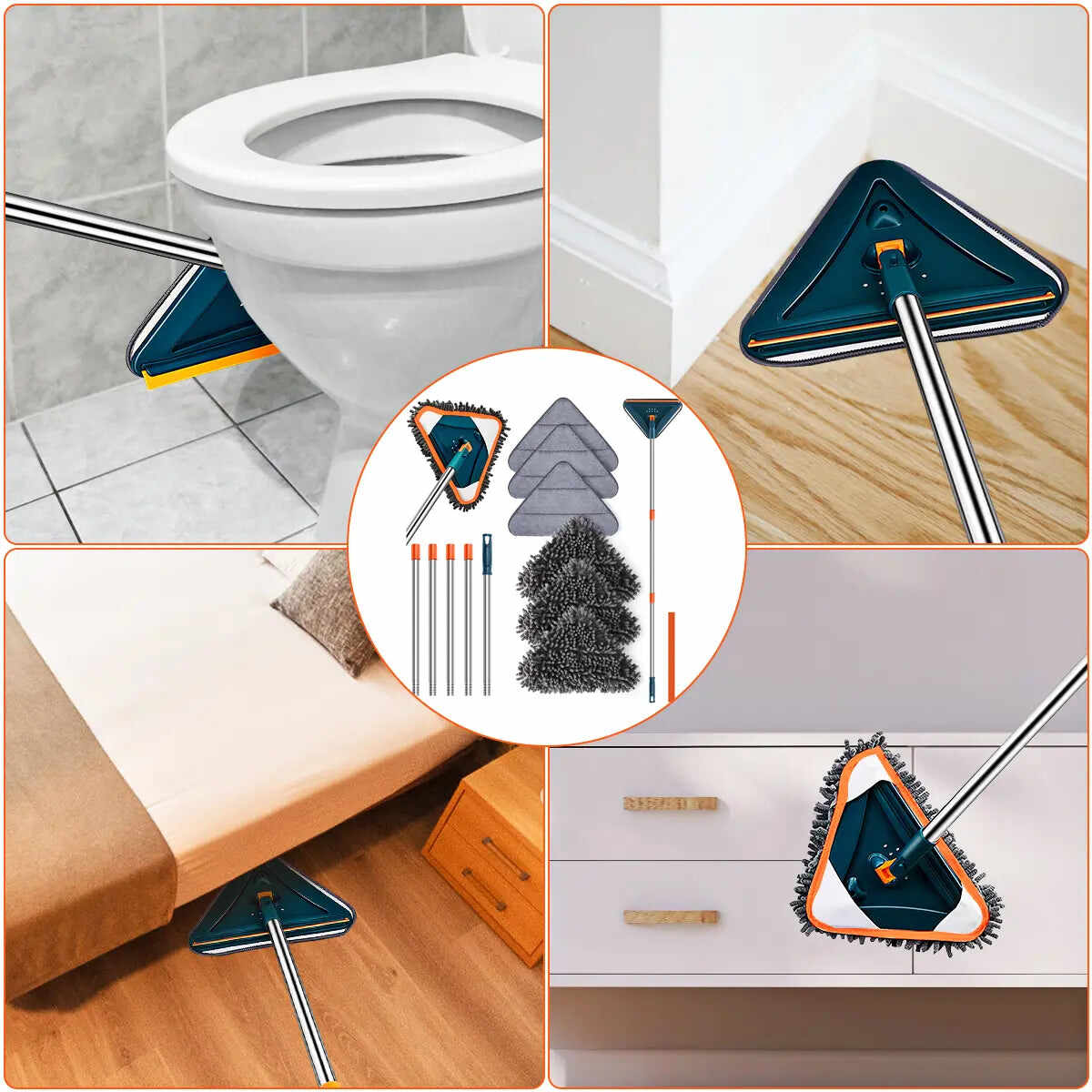 Long Handle Wall Cleaner Adjustable Length Wall Mop 360° Spinning Head Floor Wall Washing Cleaning Tool for Walls Ceiling Fans Floors Baseboards Dust Kitchen General Purpose, 6 Replacement Pads and 1 Silicone Squeegee