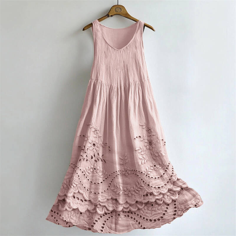 Cottage Floral Lace Embroidered Flowy Linen Tank Dress