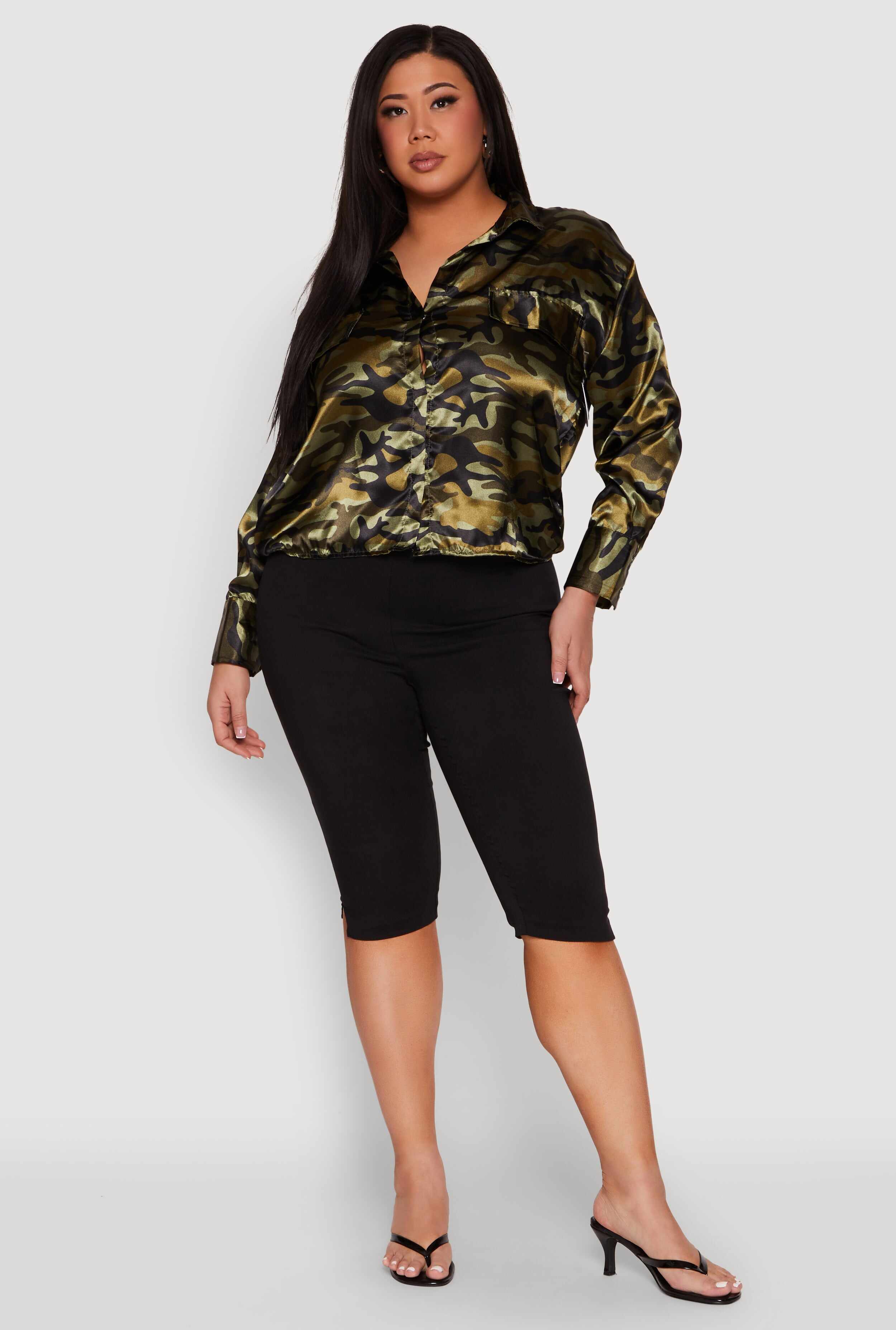 Plus Size Camo Satin Shirt