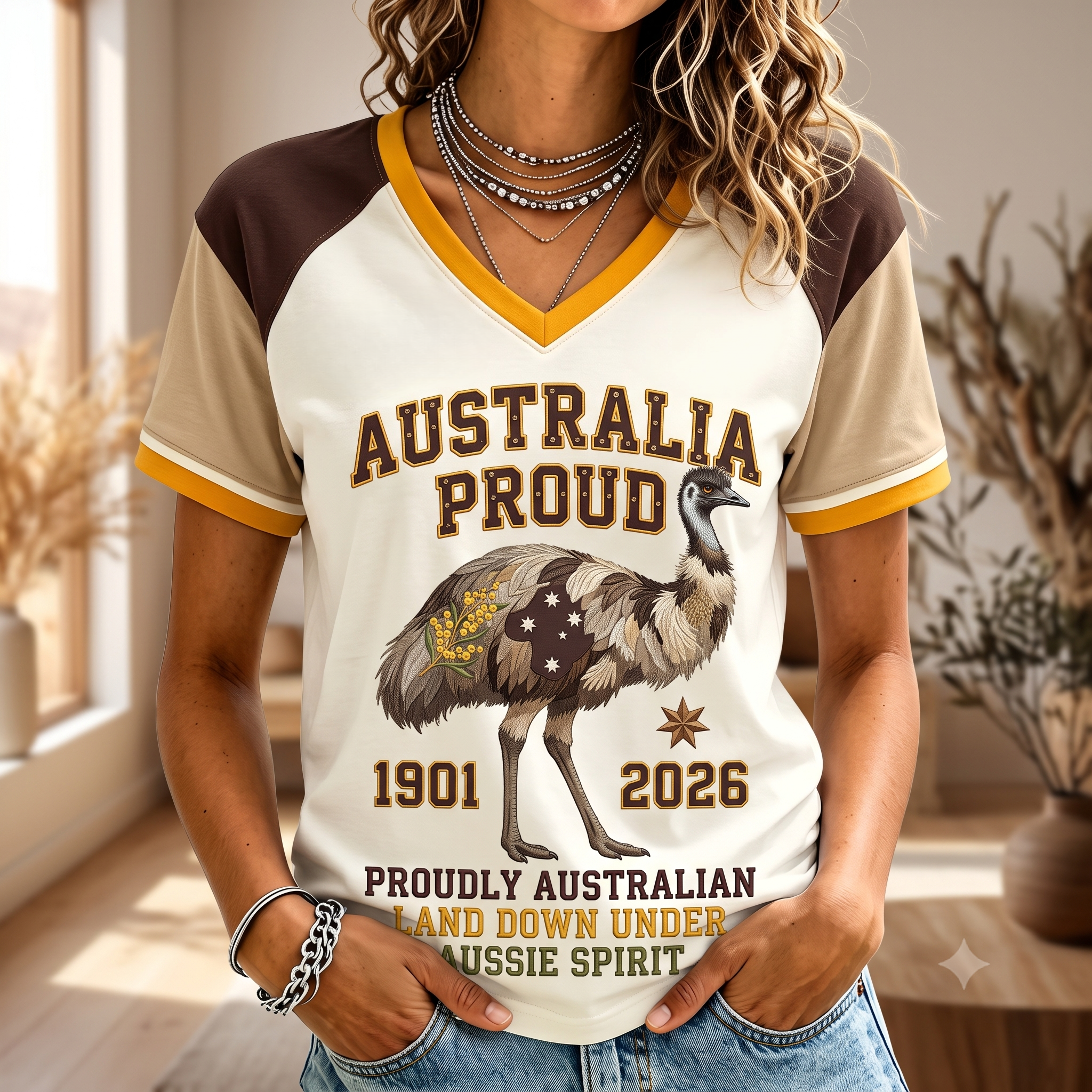 Printed Casual V-neck Short-sleeved Emu T-shirt