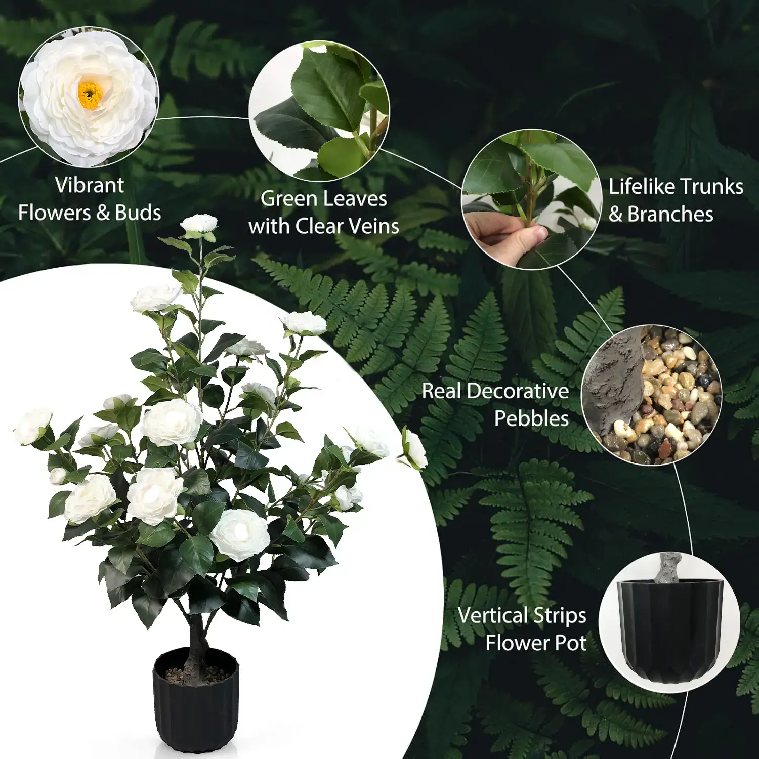 2 Pcs 3-foot Camellia Tree with Decorative Pebbles, Flower Pot, 24 Realistic Flowers, 188 Leaves for Indoor, outdoor courtyard Home Decor