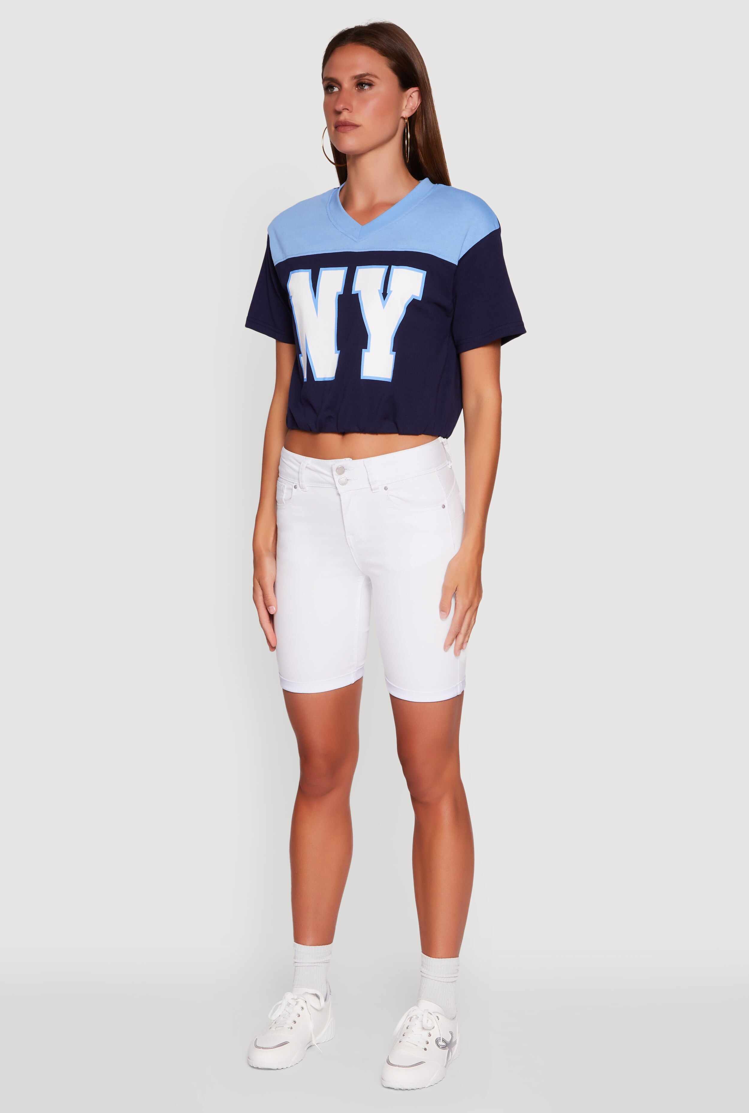 Madden Girl Color Block Cropped V-Neck Graphic Tee