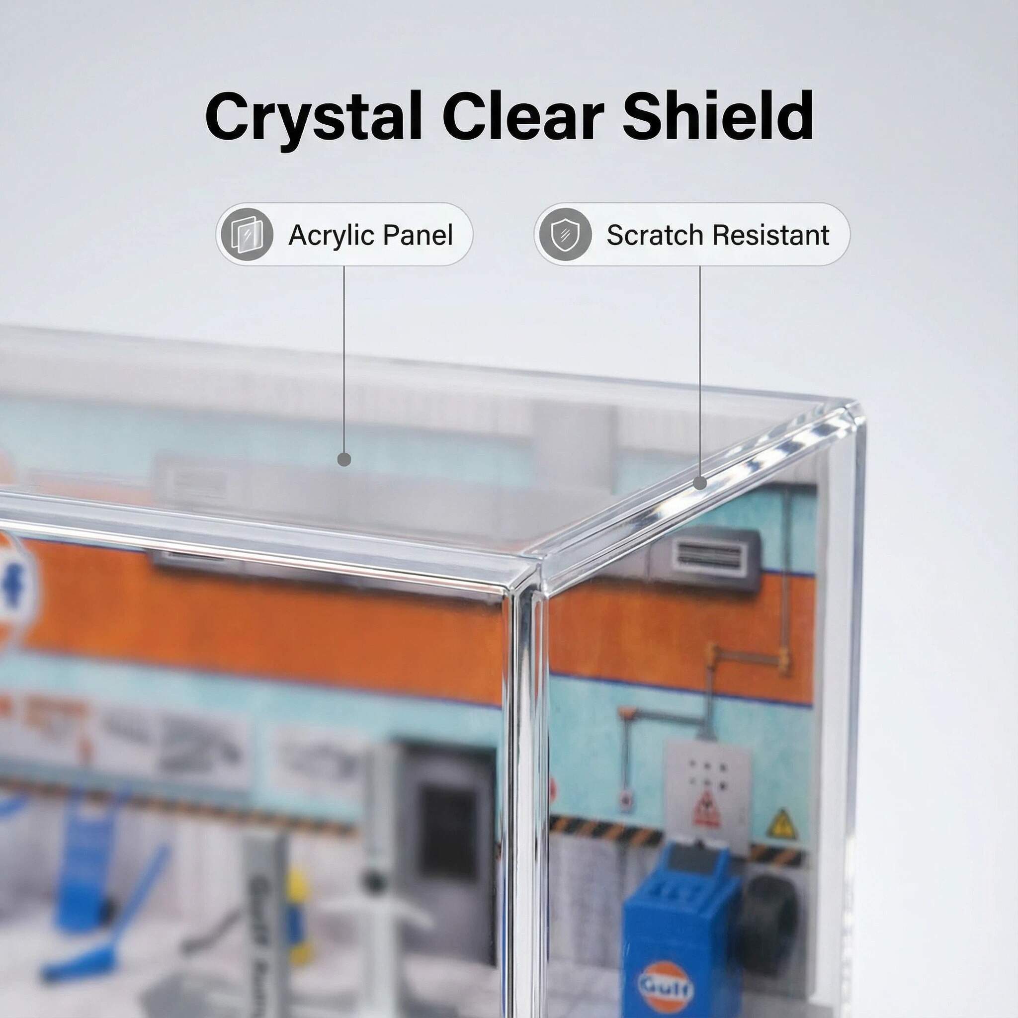 1:64 Scale Classic Oil Service Garage Diorama Display Case – Vintage Workshop Scene for Diecast Cars