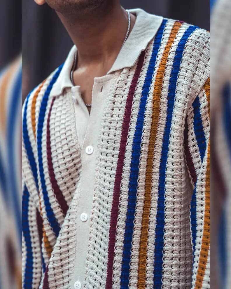 Men's Casual Striped Printed Long Sleeve Knitted Sweater Jacket