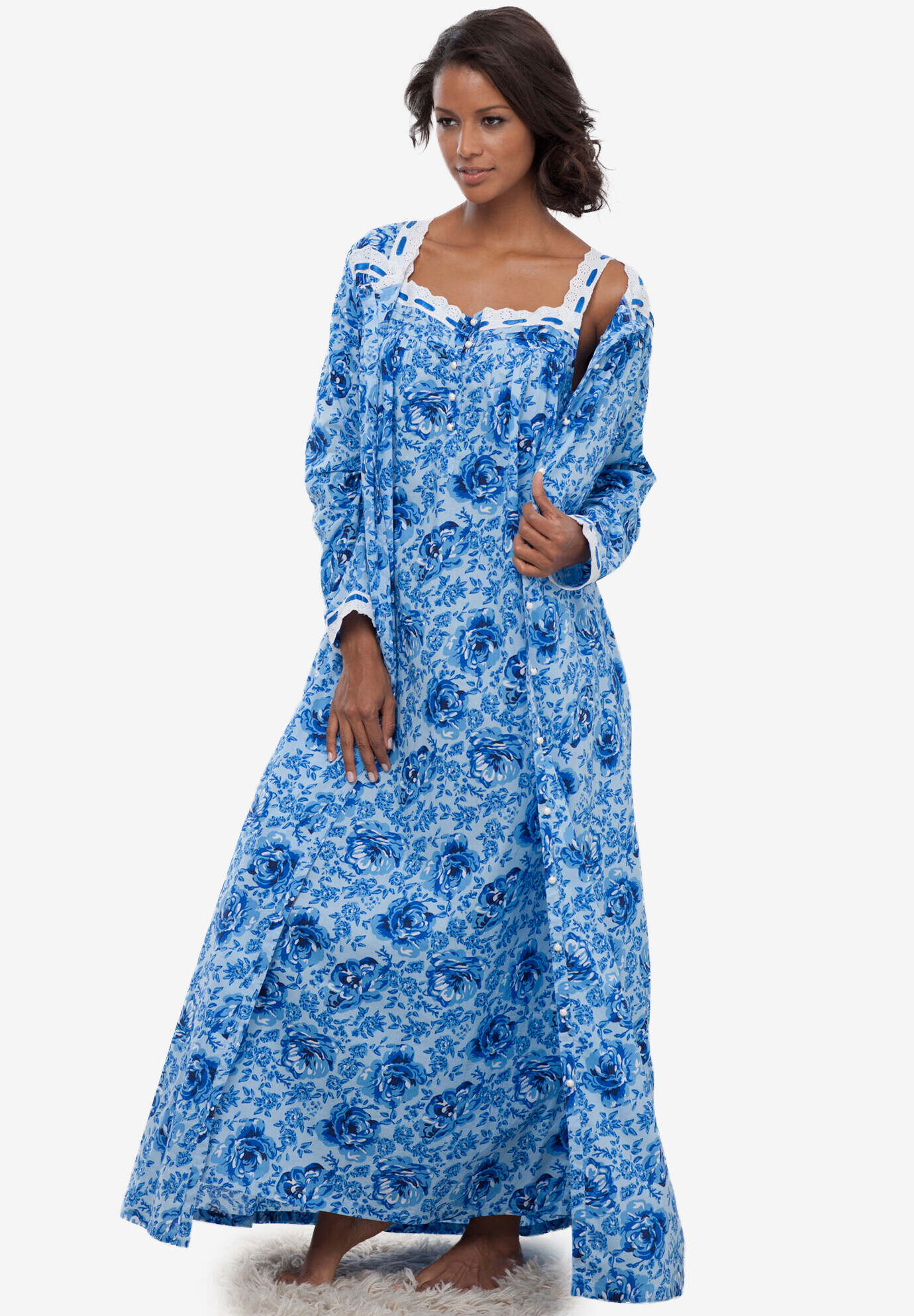 Long 2-Piece Cabbage-Rose Peignoir Set
