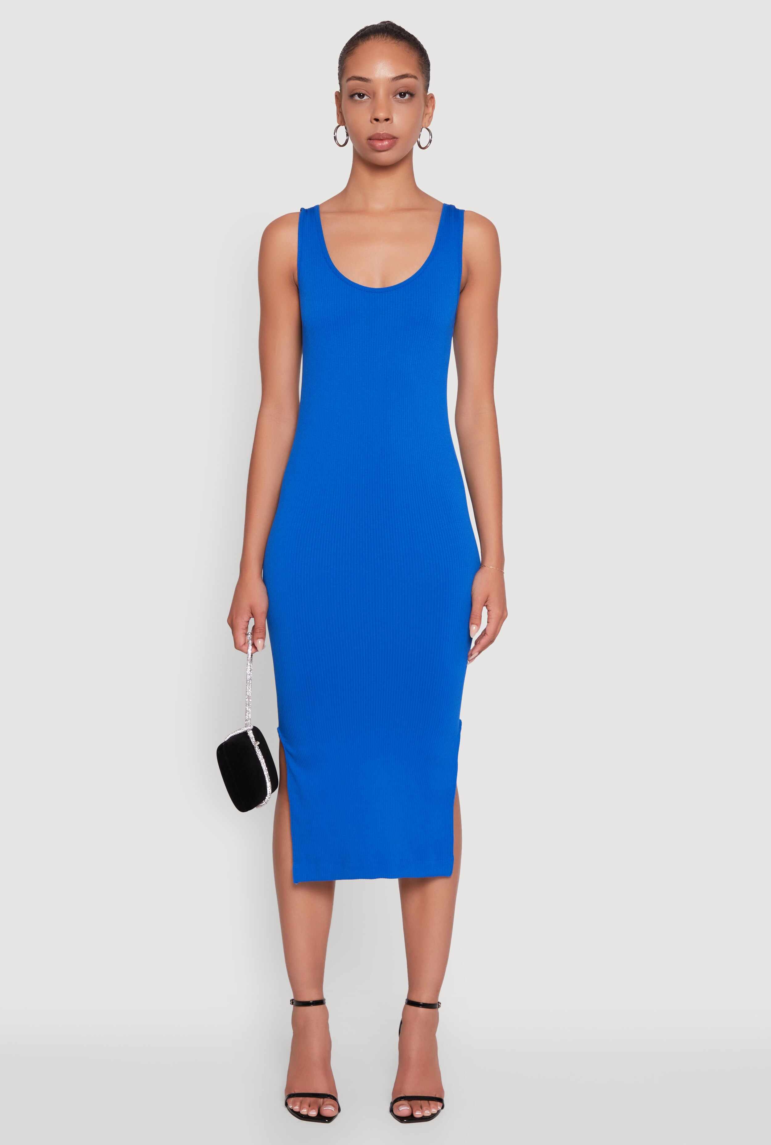 Rib Knit Scoop Neck Side Slit Tank Dress