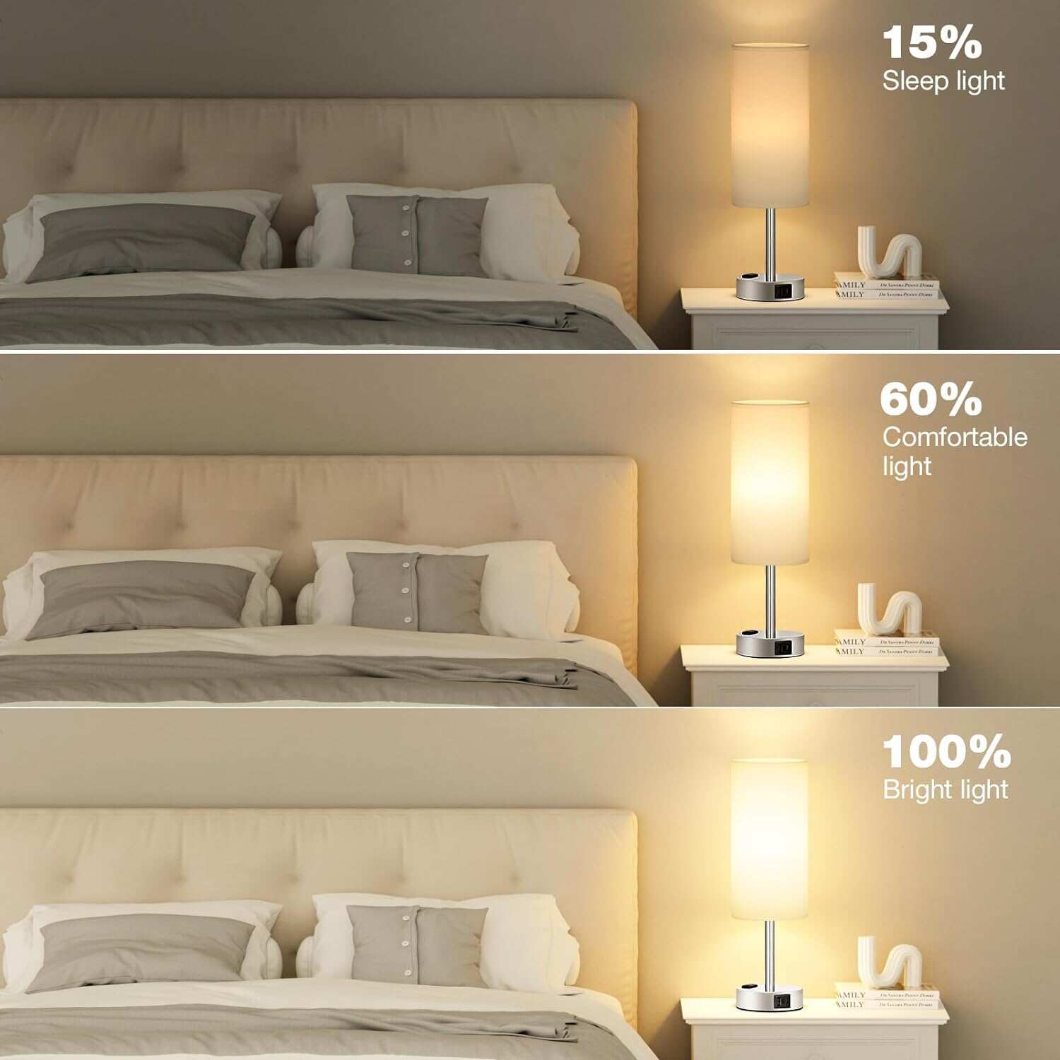 Bedside Table Lamp for Bedroom - 3 Way Dimmable Touch Lamp USB C Charging Ports and AC Outlet, Small Lamp Wood Base Round Flaxen Fabric Shade for Living Room, Desk, LED Bulb Included