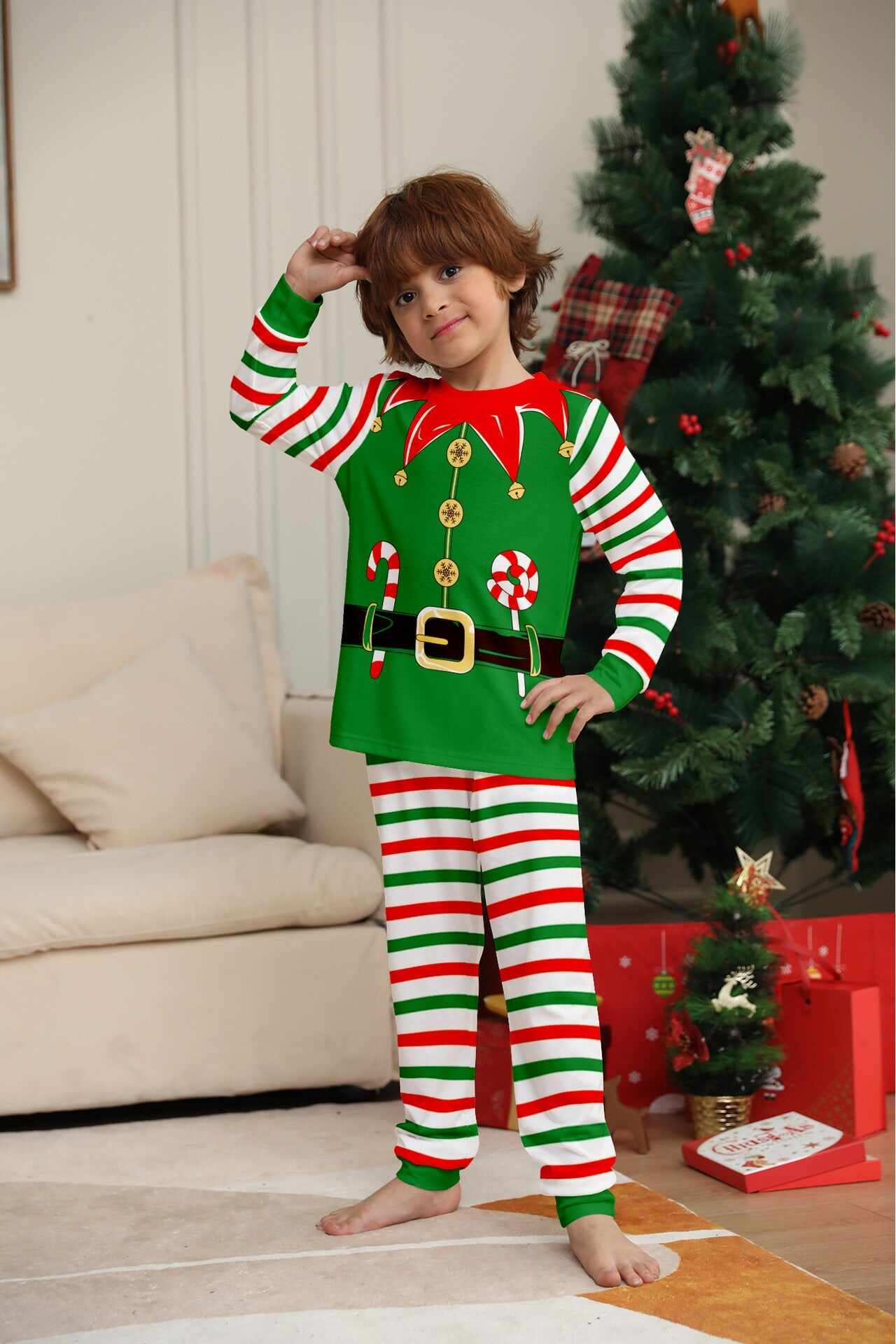2024 3D Print Christmas Family Pajamas Red Green Striped Crutch Xmas Pajamas