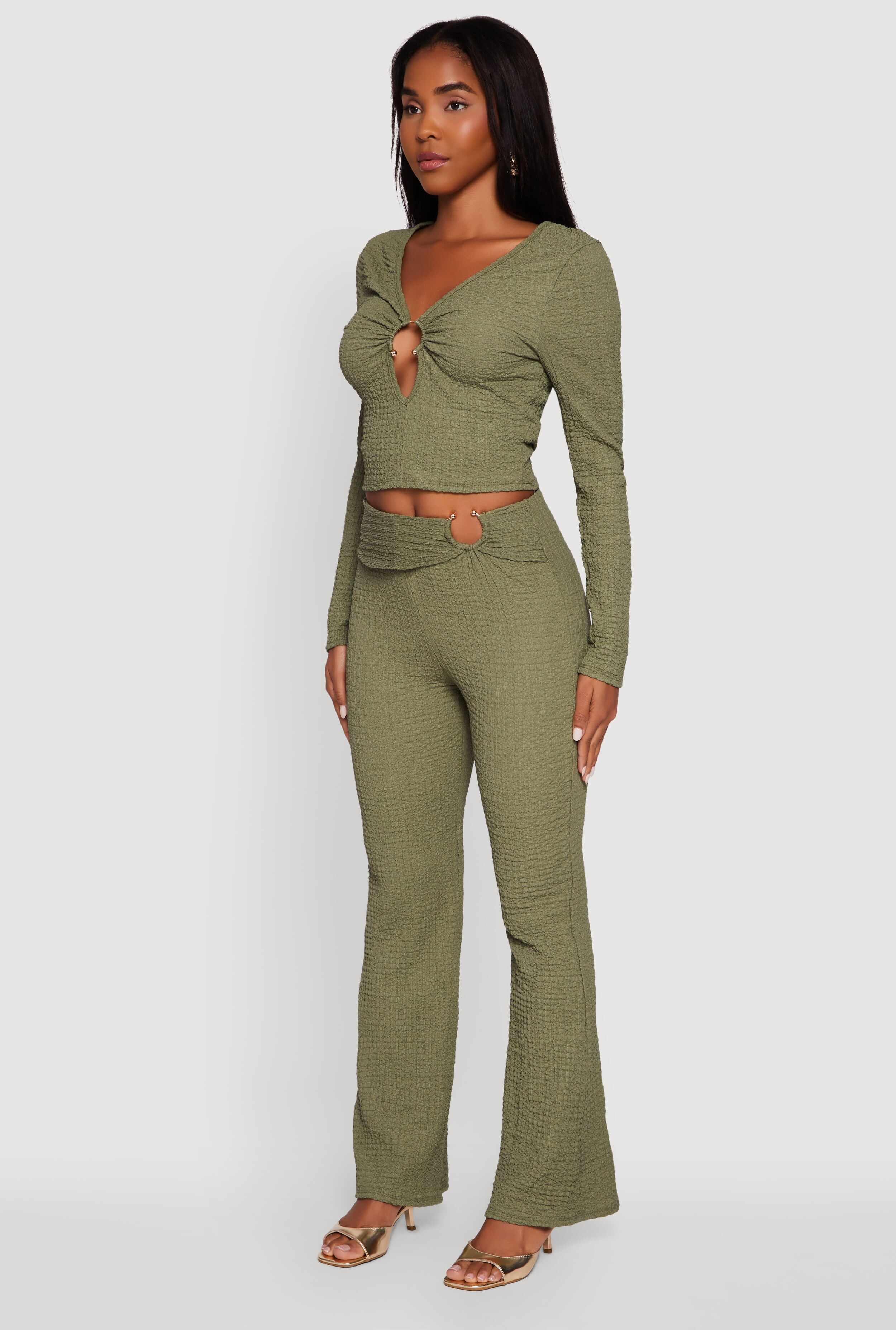 O Ring Cut Out Textured Knit Cropped Blouse