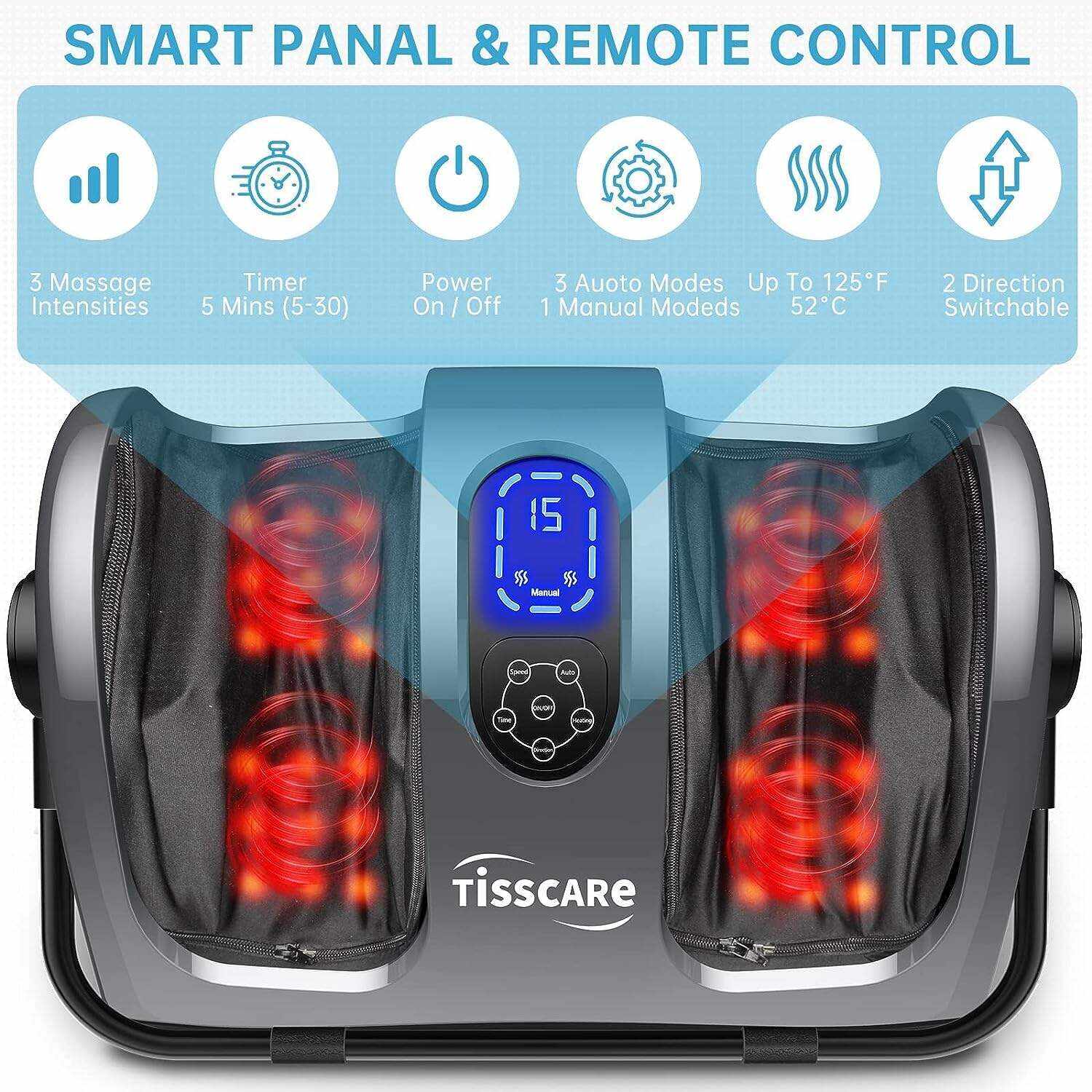 TiSSCARE Shiatsu Massage Foot Massager Machine - Improves Blood Flow Circulation, Deep Kneading & Tissue with Heat/Remote, Neuropathy, Plantar Fasciitis, Diabetics, Pain Relief
