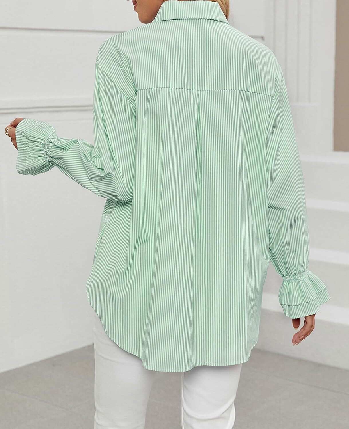 Women's Striped Button Down Shirts Smocked Cuffed Boyfriend Shirt Long Sleeve Blouse Top with 3 Pockets