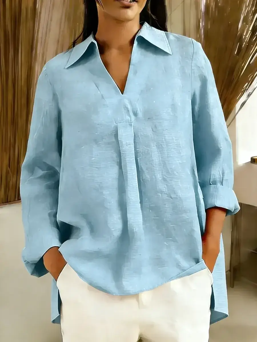 🔥Summer Arrivals🌟Women's Solid Color V-neck Long-sleeved Casual Loose Cotton And Linen Top