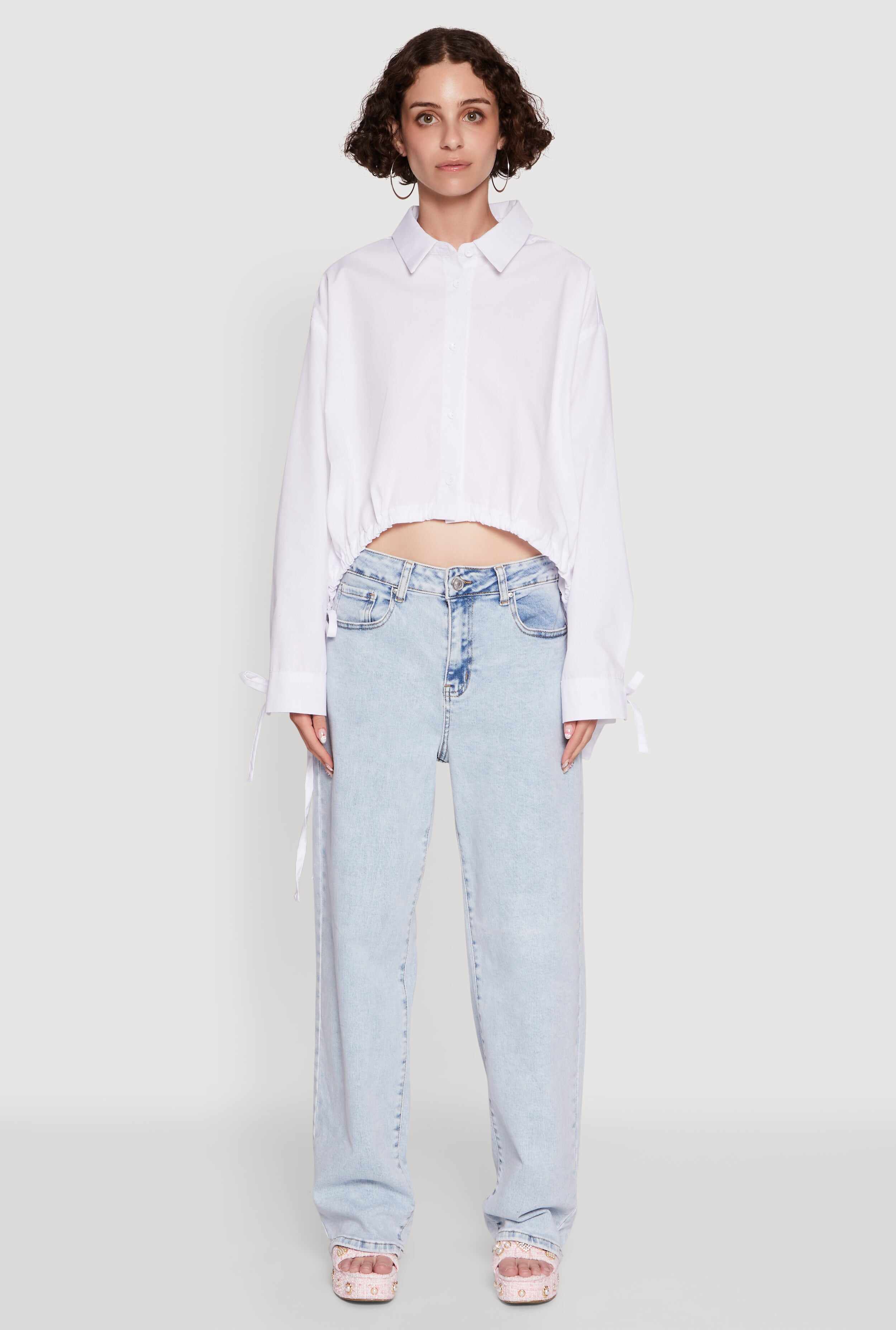 Poplin Drawstring Hem Long Sleeve Shirt