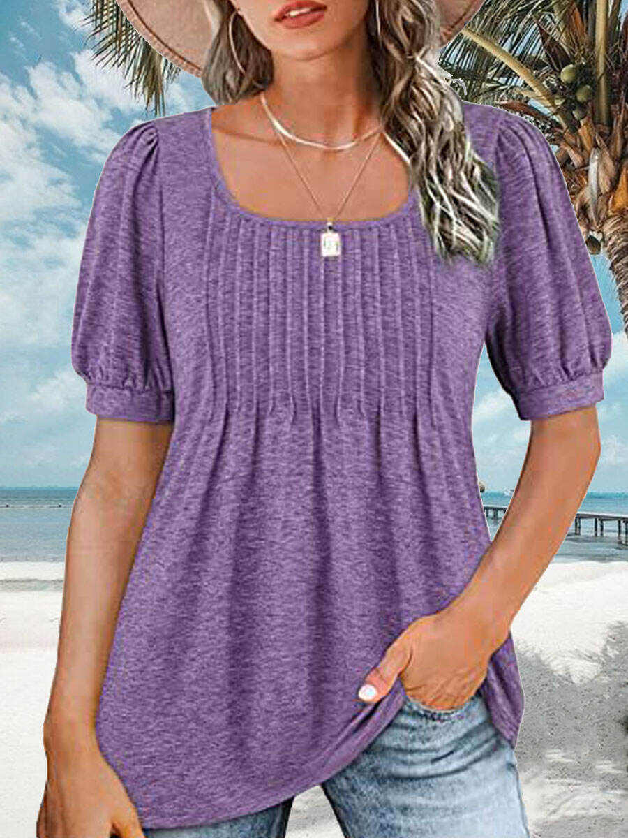Square Neck Casual Loose Solid Color Short Sleeve T-Shirt