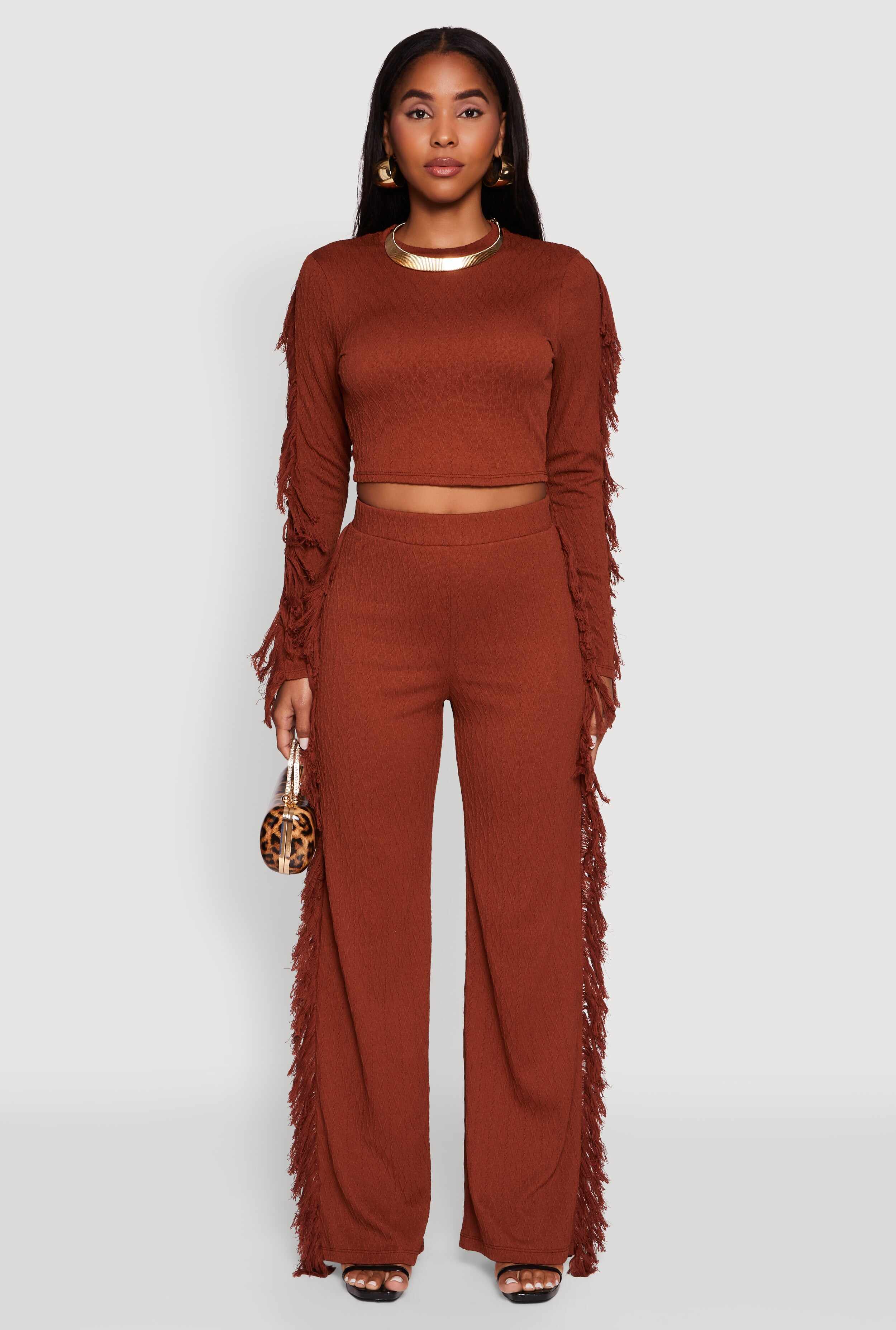 Textured Knit Long Sleeve Fringe Crop Top