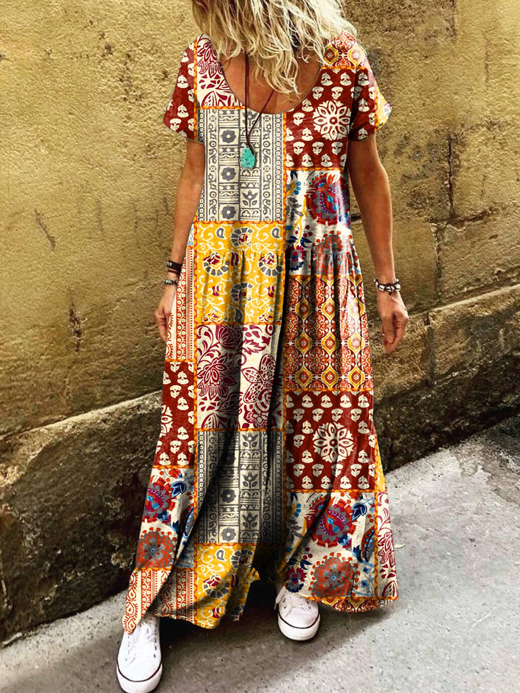 Women's Vintage Boho Ethnic Collage Art Print Pocket Short Sleeve Cotton Dress