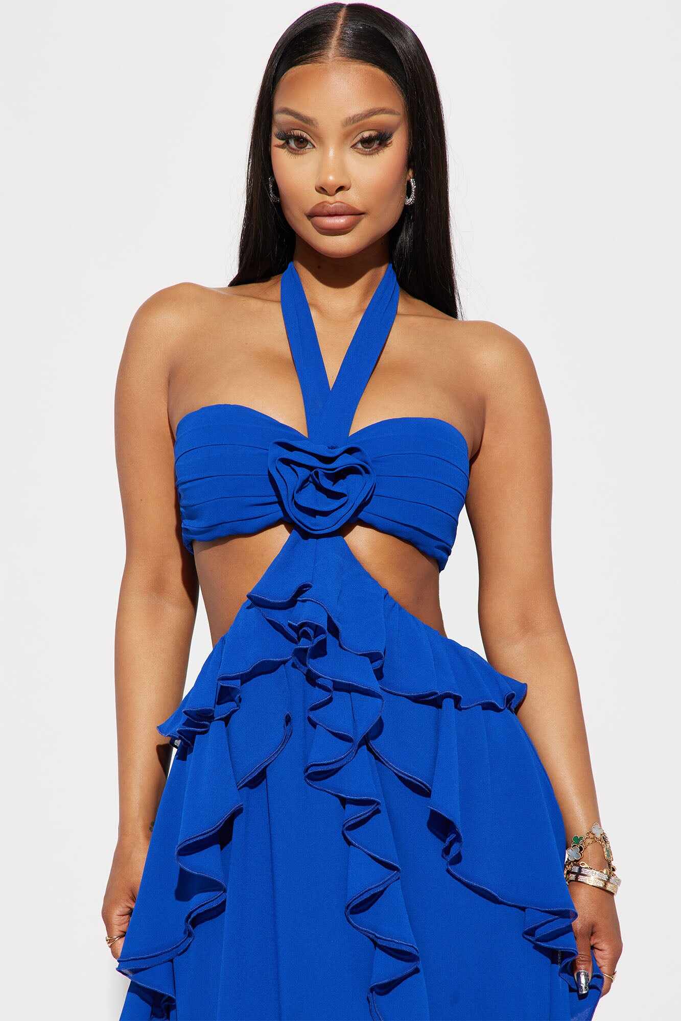 Rosette Ruffle Maxi Dress - Royal