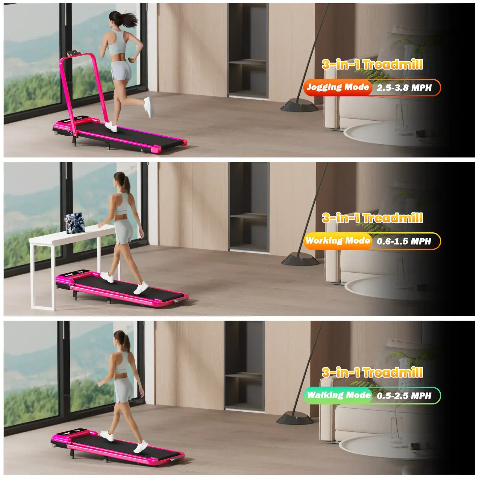【Adjustable Incline】 Foldable Treadmill, Low-Noise Motor Walking Pad, 265lbs Weight Capacity, Remote Control & Wheels for Easy mobility, Comes with Free Resistance Bands, Dual Shock-Absorption System SpringStatements