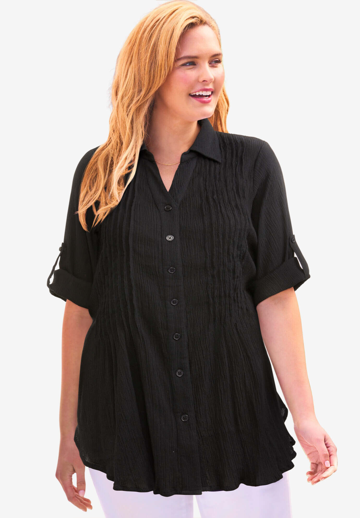 Pintucked Button Down Gauze Shirt