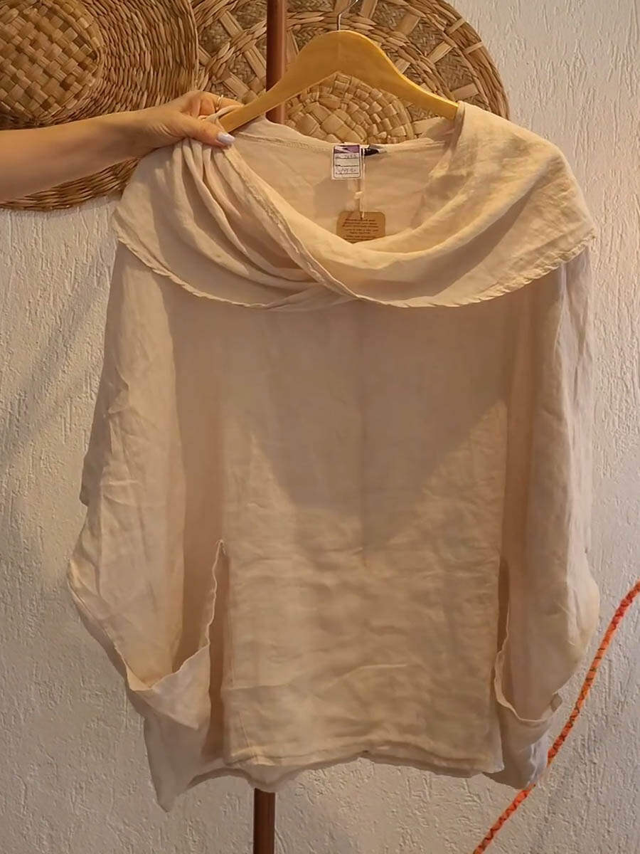 🔥Summer Arrivals🌟Women's Solid Color Draped Neck 3/4 Sleeve Comfortable Casual Linen Pocket Top