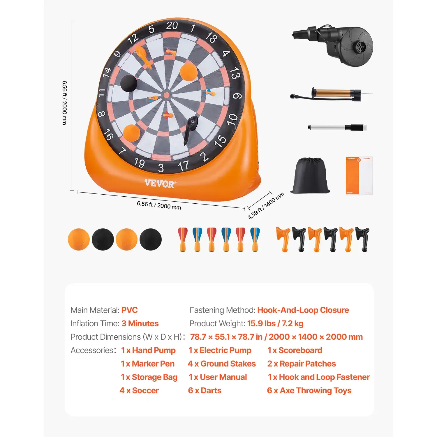 6ft Giant Inflatable Soccer Dart Board Game Set With Kick Balls, Darts, Axes & Air Pump, Quick Setup Backyard Yard Game For Family Camping