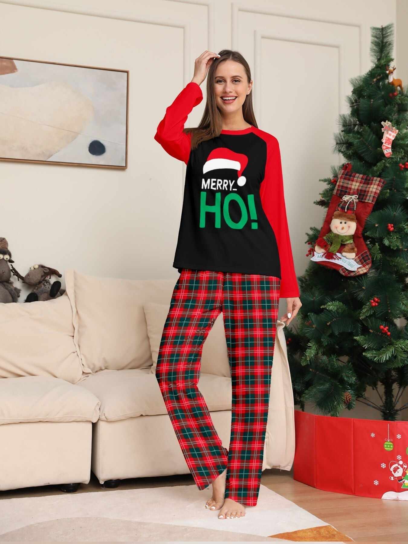 Santa Hat Monogrammed Family Holiday Plaid Pajama Set
