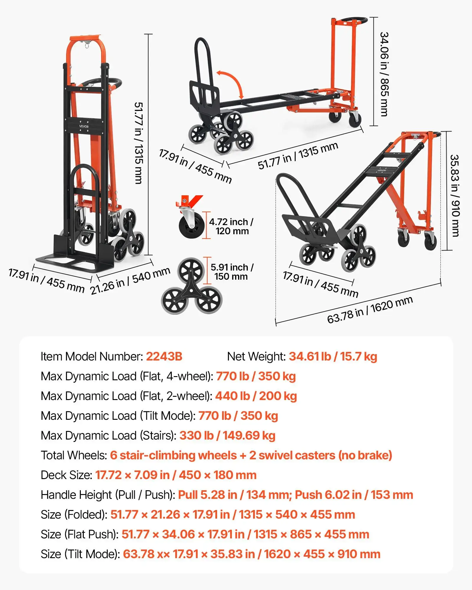 3 in 1 Industrial Convertible Stair Climbing Cart, 770 lbs Max Load, Folding Hand Truck Dolly with Handle & Wheels, Stair Climbing Utility Trolley for Transport & Moving, Orange & Silver