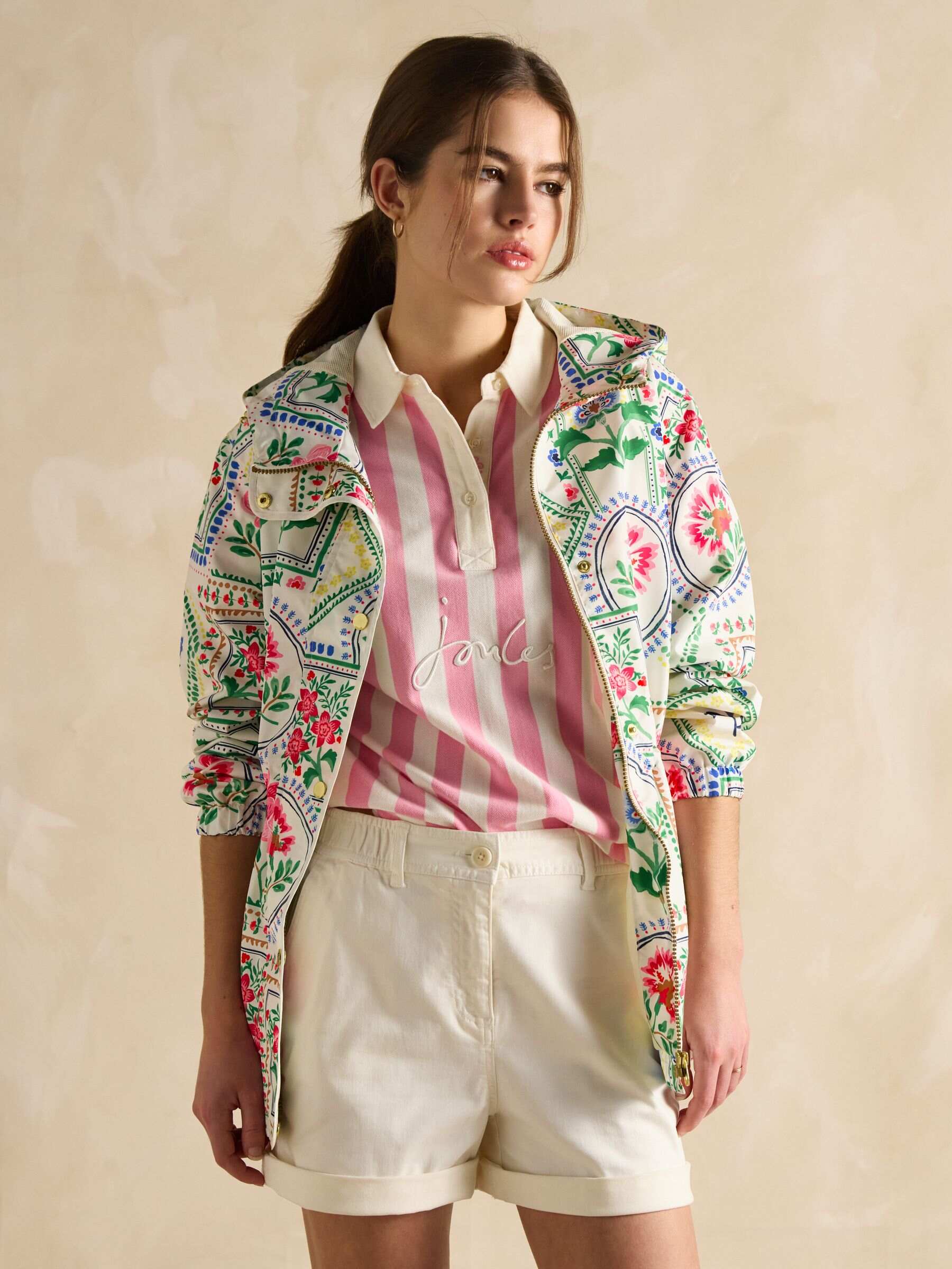 Holt Cream Tile Print Waterproof Packable Raincoat with Hood