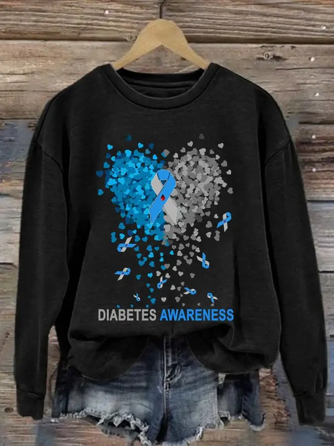 Women's Casual Diabetes Awareness Print Long Sleeve Sweatshirt