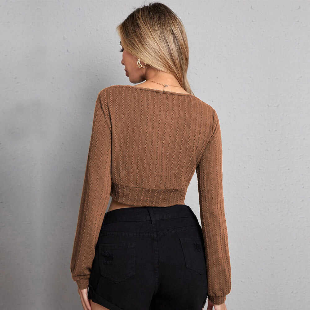 Women's V-neck Slim-fit Top Cable Fabric Long-sleeve T-shirt