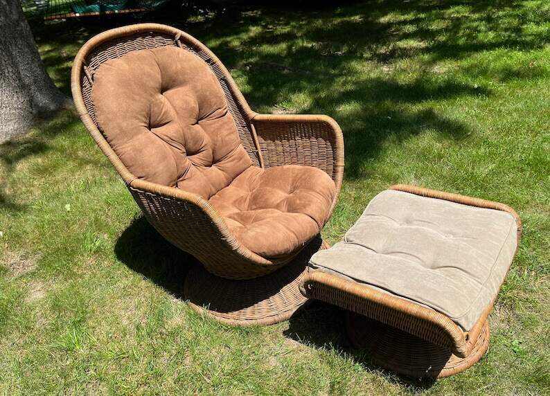Rattan Egg Chair & Ottoman Swivels Tilts Tufted Cushions Boho Chic Mid Century Modern *Shipping is NOT included. Ask for a quote.*