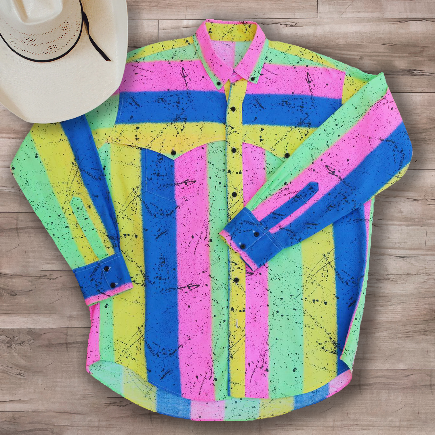 Men's Lapel Casual Western Bright Colorful Tie-Dye Striped Shirt