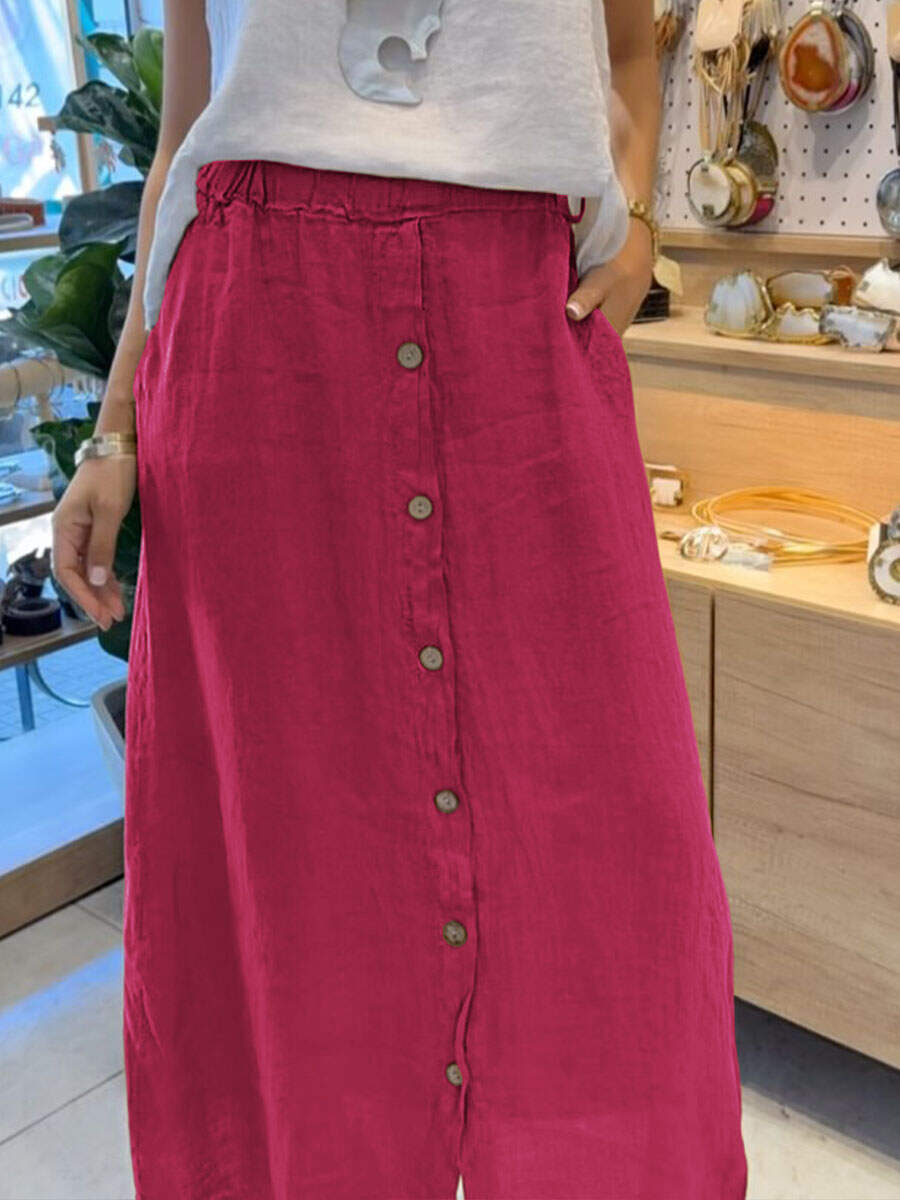 🔥Summer Arrivals🌟Women's Solid Color Elastic Waist Buttons Casual Pockets Linen Skirt