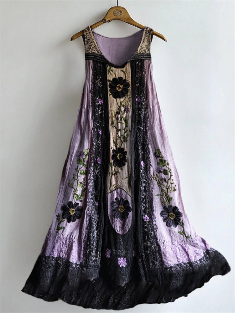 Classy Dark Floral Lace Patchwork Linen Tank Dress